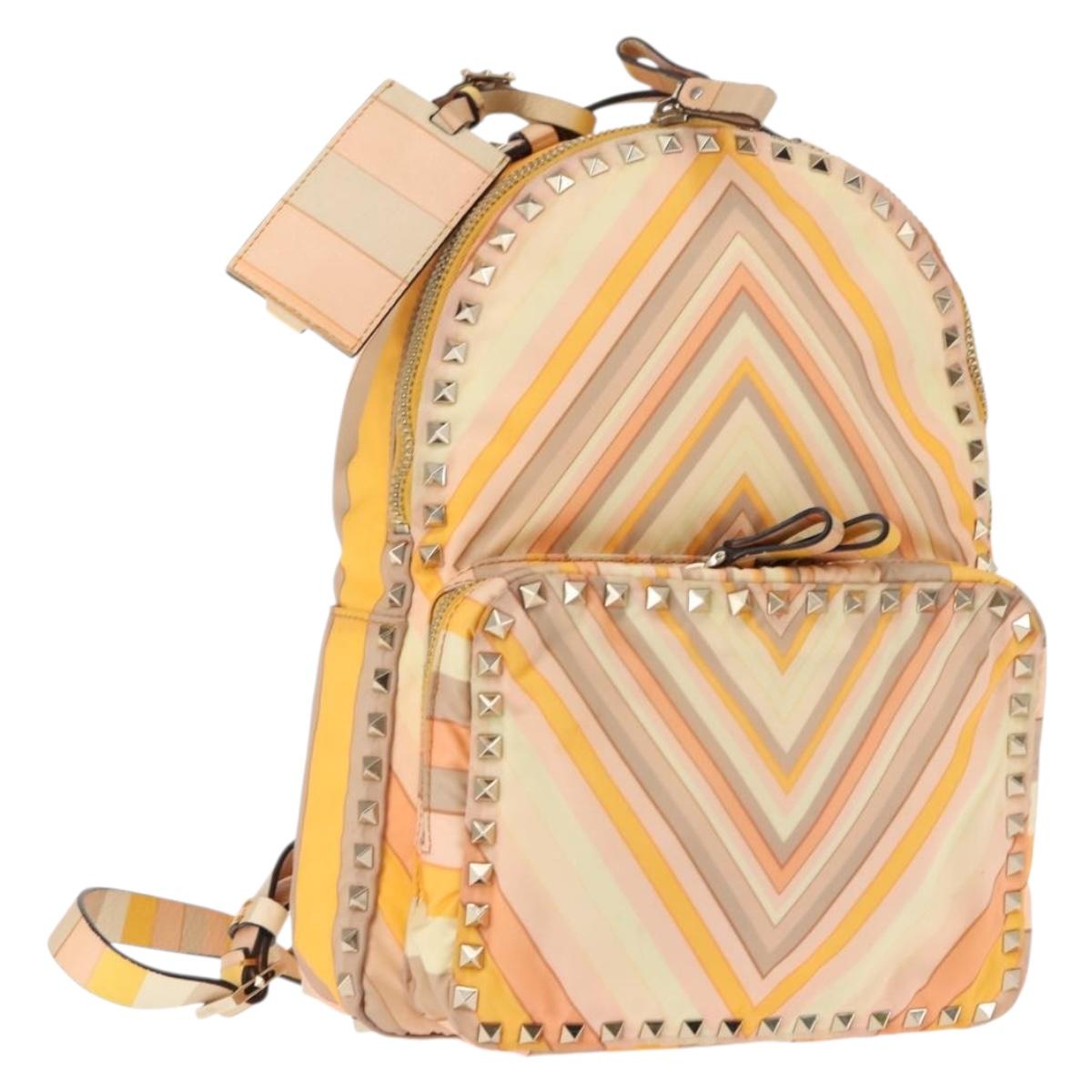 VALENTINO Studs Backpack Nylon Leather Beige Orange Auth BA6887