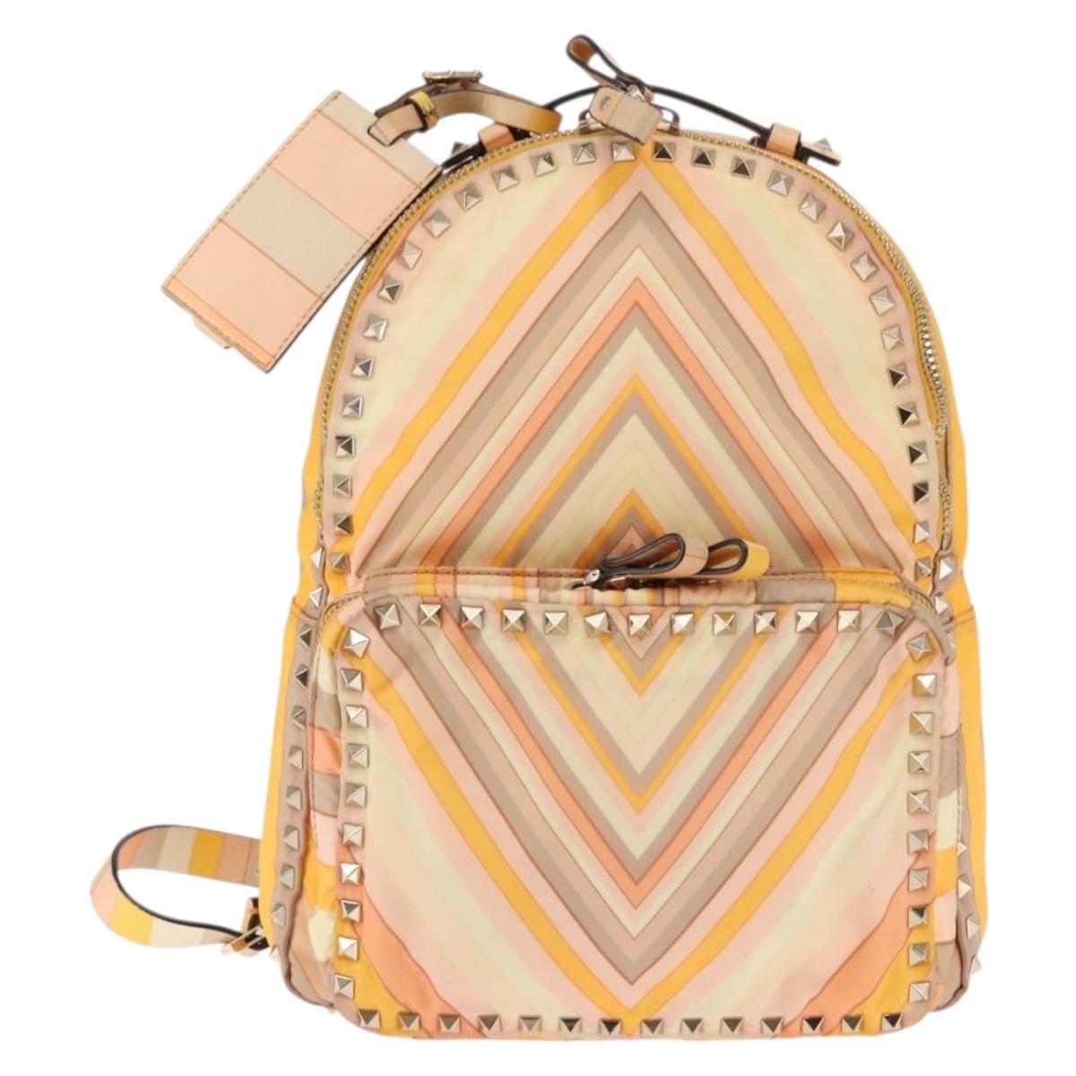 VALENTINO Studs Backpack Nylon Leather Beige Orange Auth BA6887