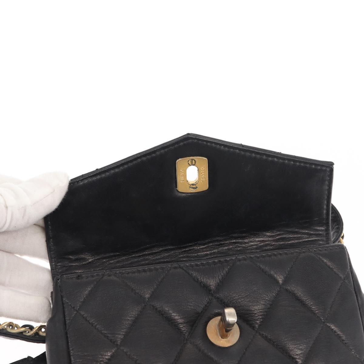 CHANEL Matelasse Waist Bag Lamb Skin Black Gold CC Auth BA6907