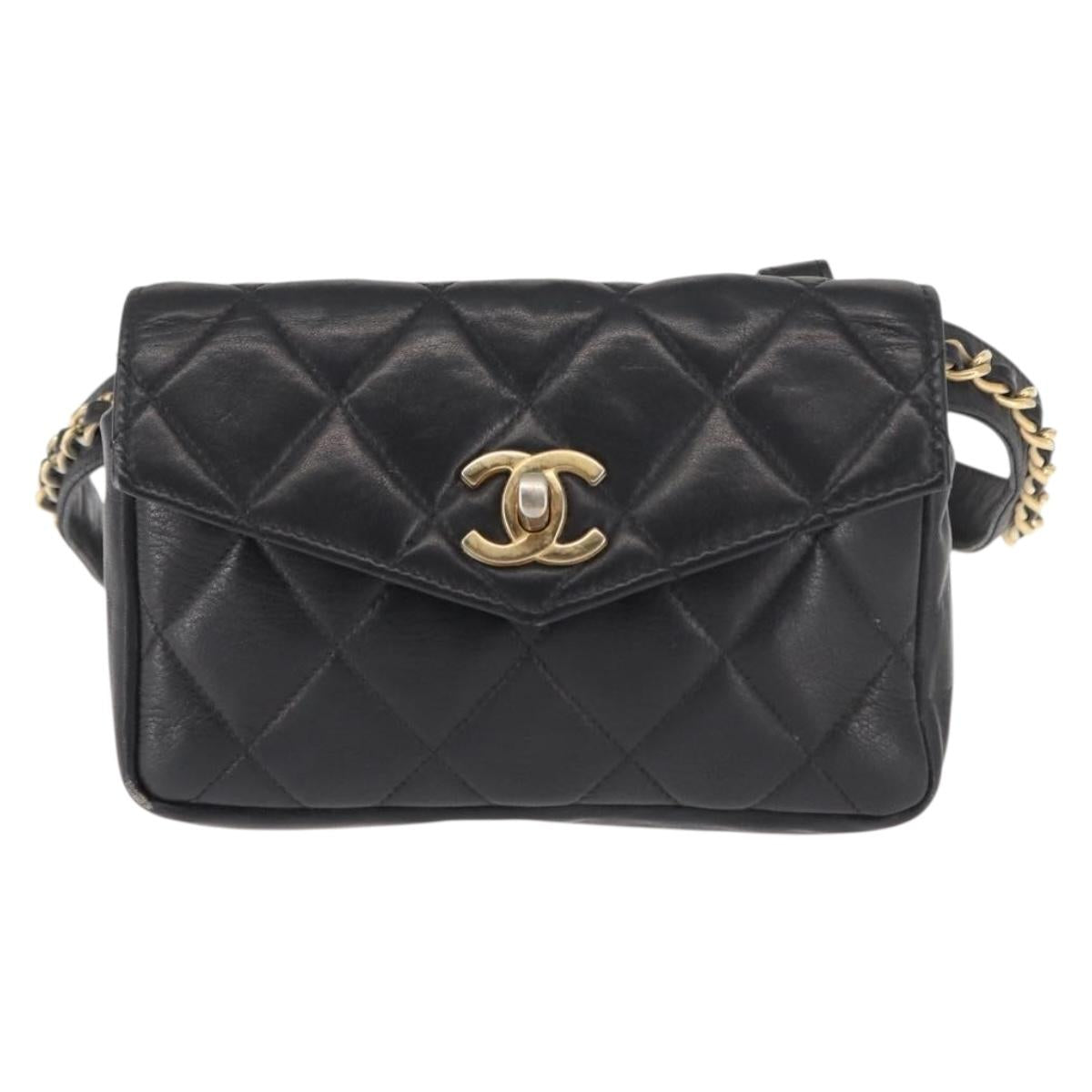 CHANEL Matelasse Waist Bag Lamb Skin Black Gold CC Auth BA6907