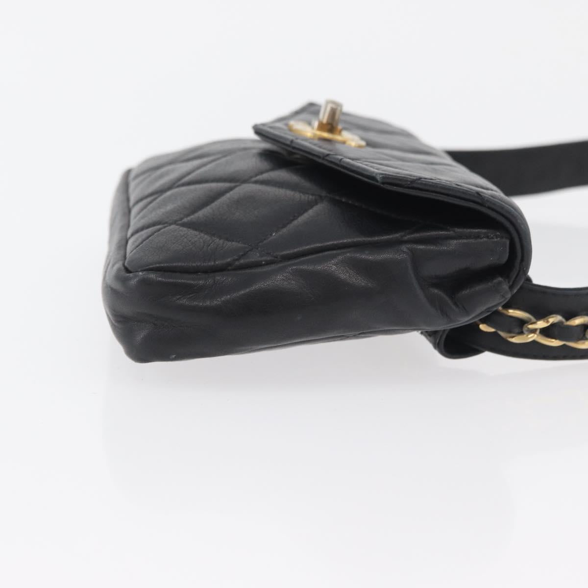 CHANEL Matelasse Waist Bag Lamb Skin Black Gold CC Auth BA6907