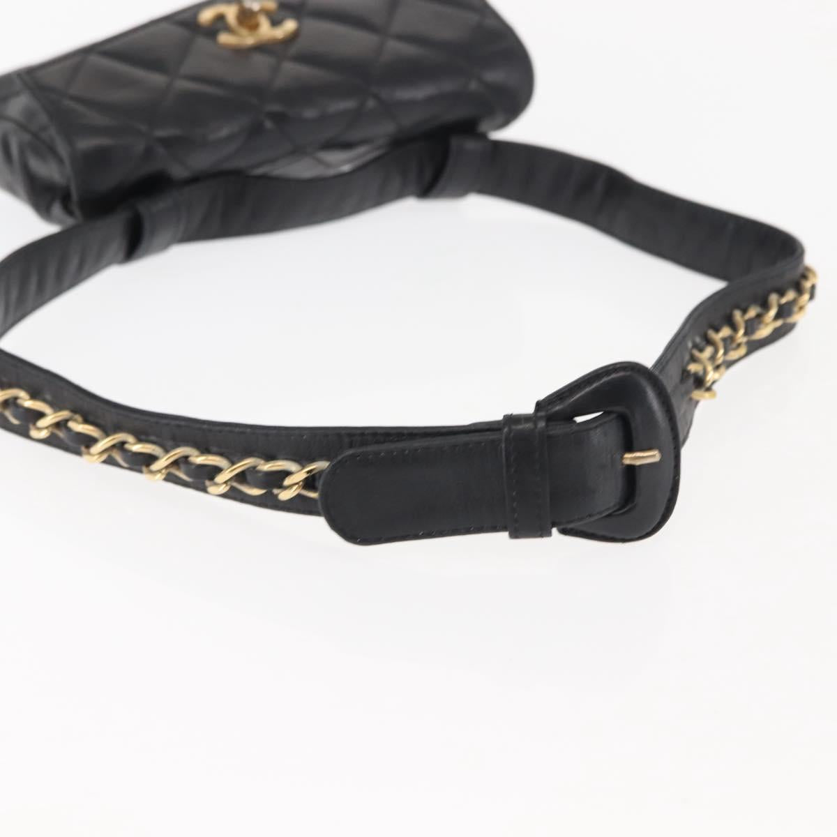 CHANEL Matelasse Waist Bag Lamb Skin Black Gold CC Auth BA6907
