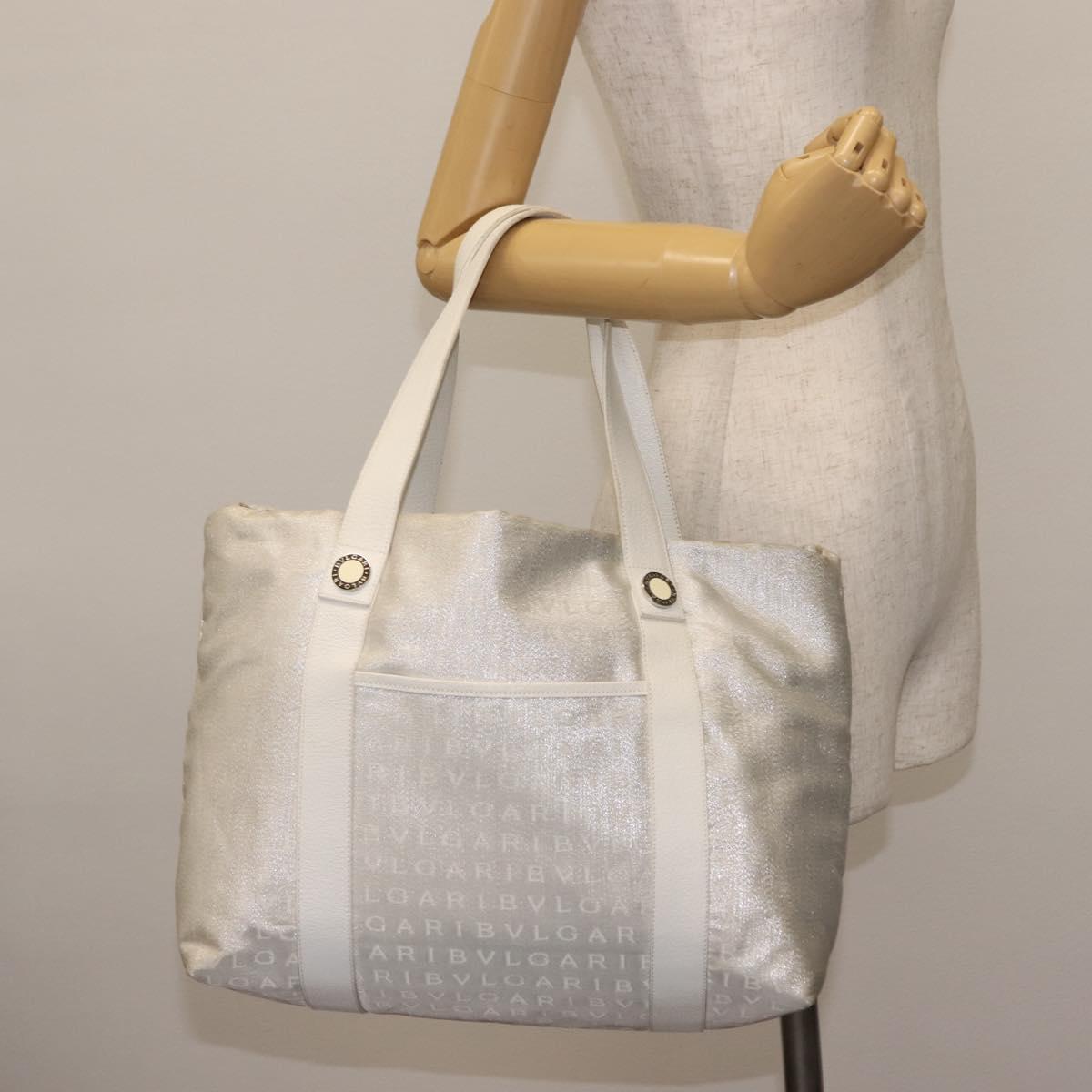BVLGARI Logo mania Tote Bag Canvas Silver White Auth BA6909