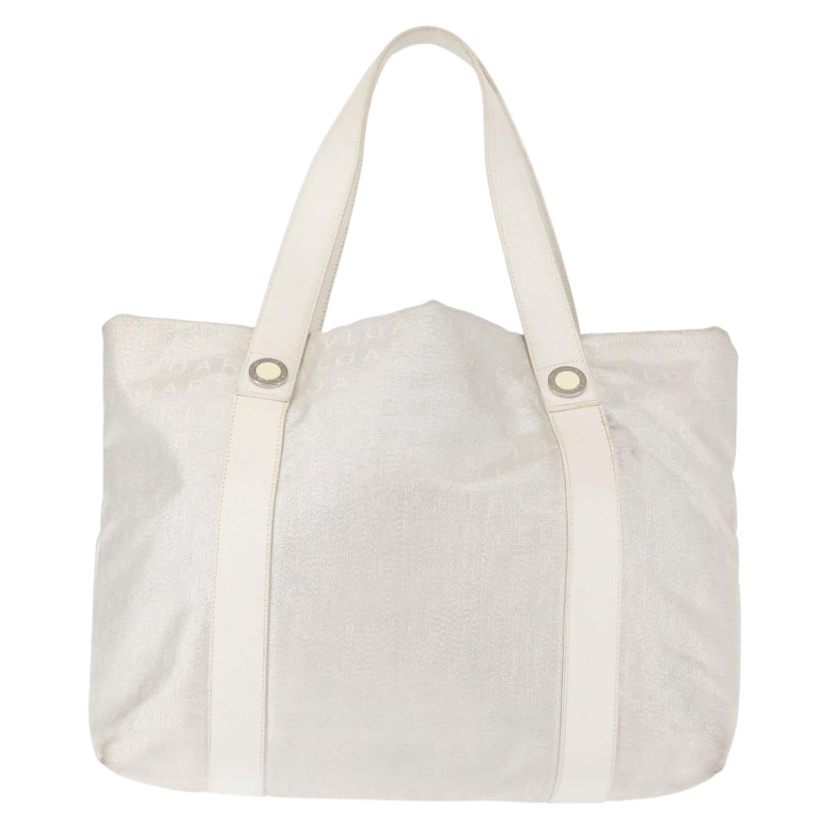 BVLGARI Logo mania Tote Bag Canvas Silver White Auth BA6909
