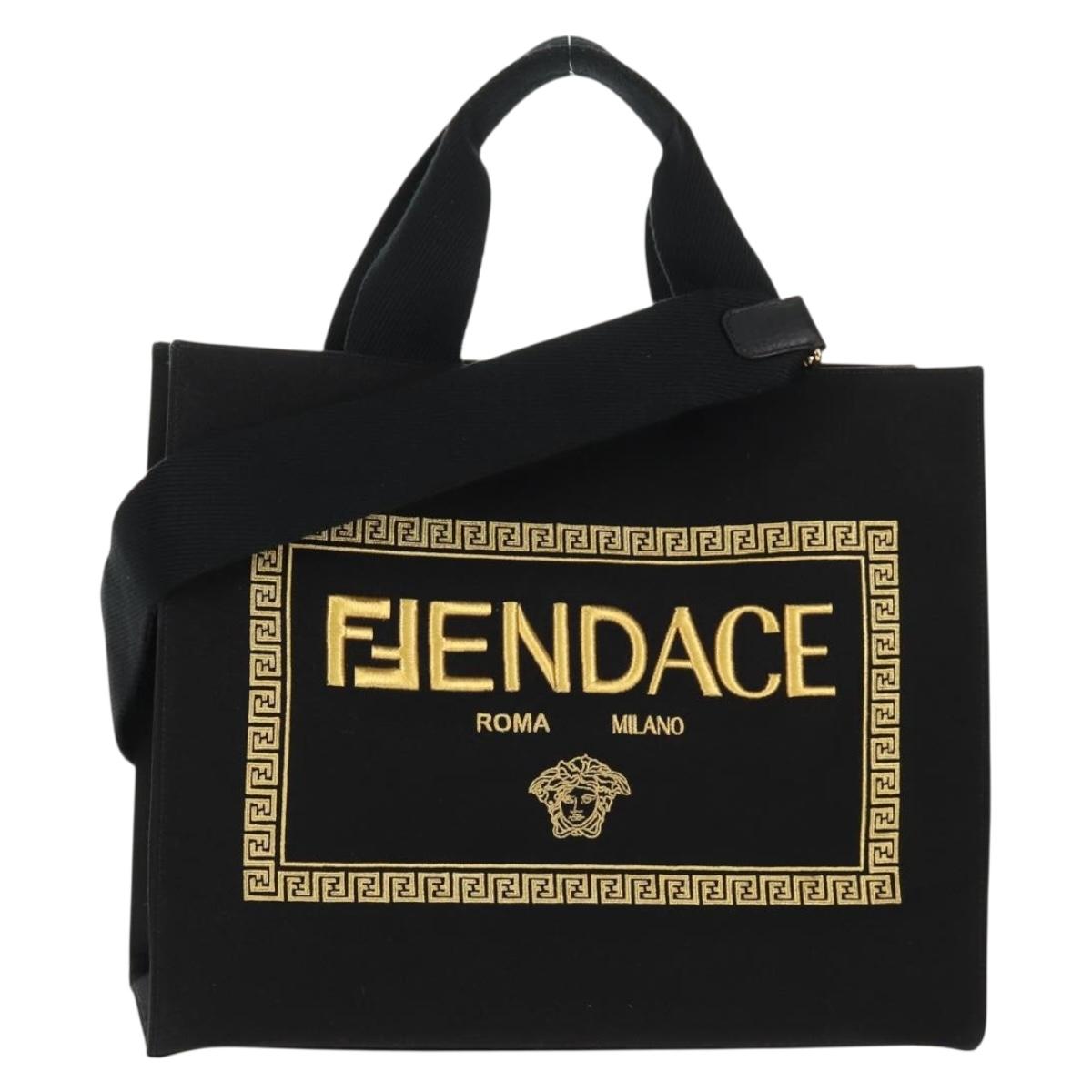 FENDI VERSACE Collaboration Tote Bag Canvas 2way Black Gold Auth BA6912M