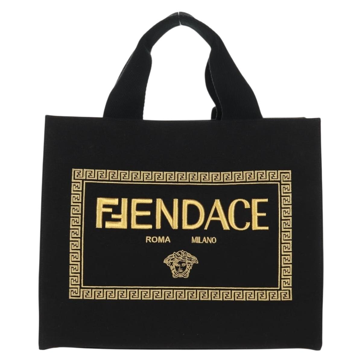 FENDI VERSACE Collaboration Tote Bag Canvas 2way Black Gold Auth BA6912M