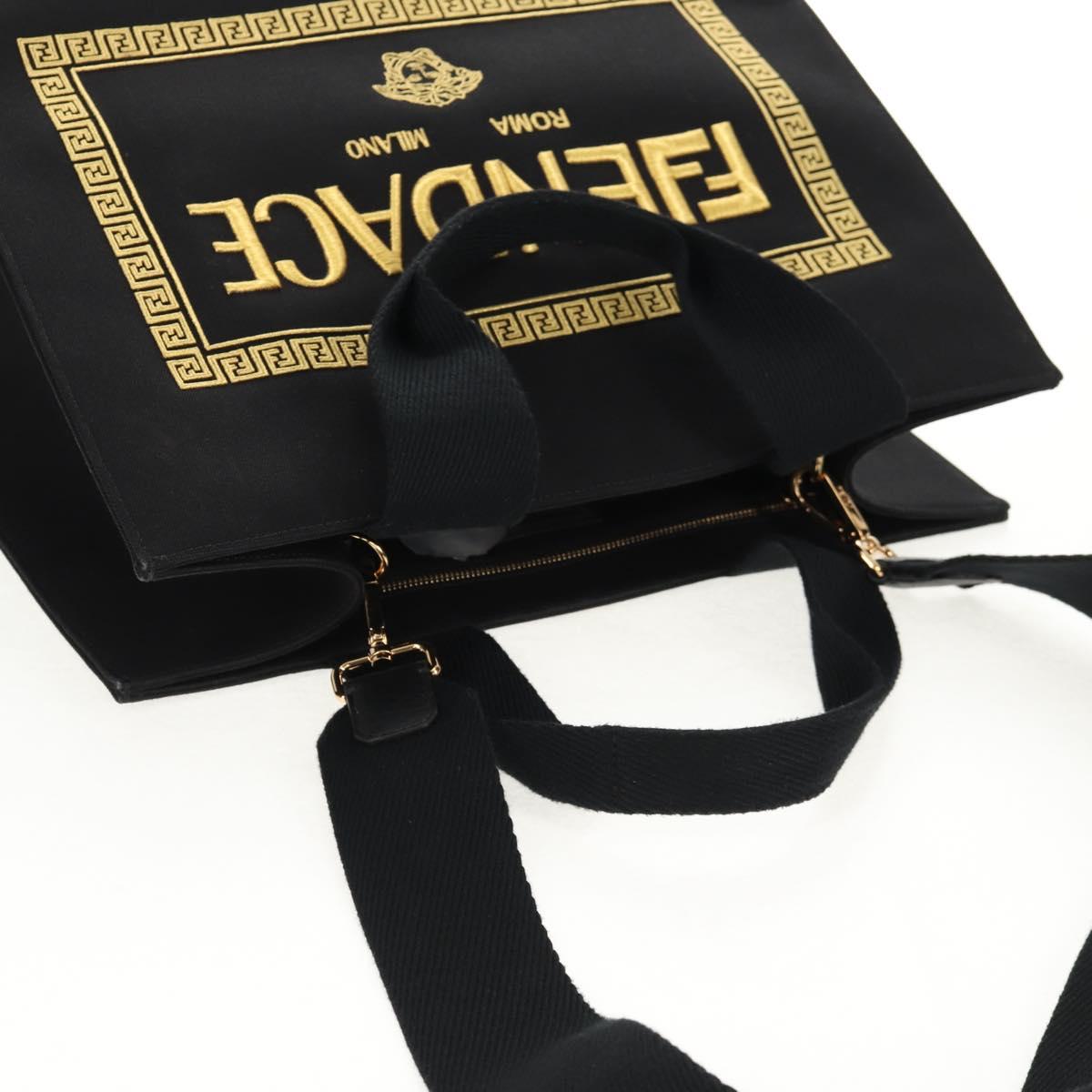 FENDI VERSACE Collaboration Tote Bag Canvas 2way Black Gold Auth BA6912M