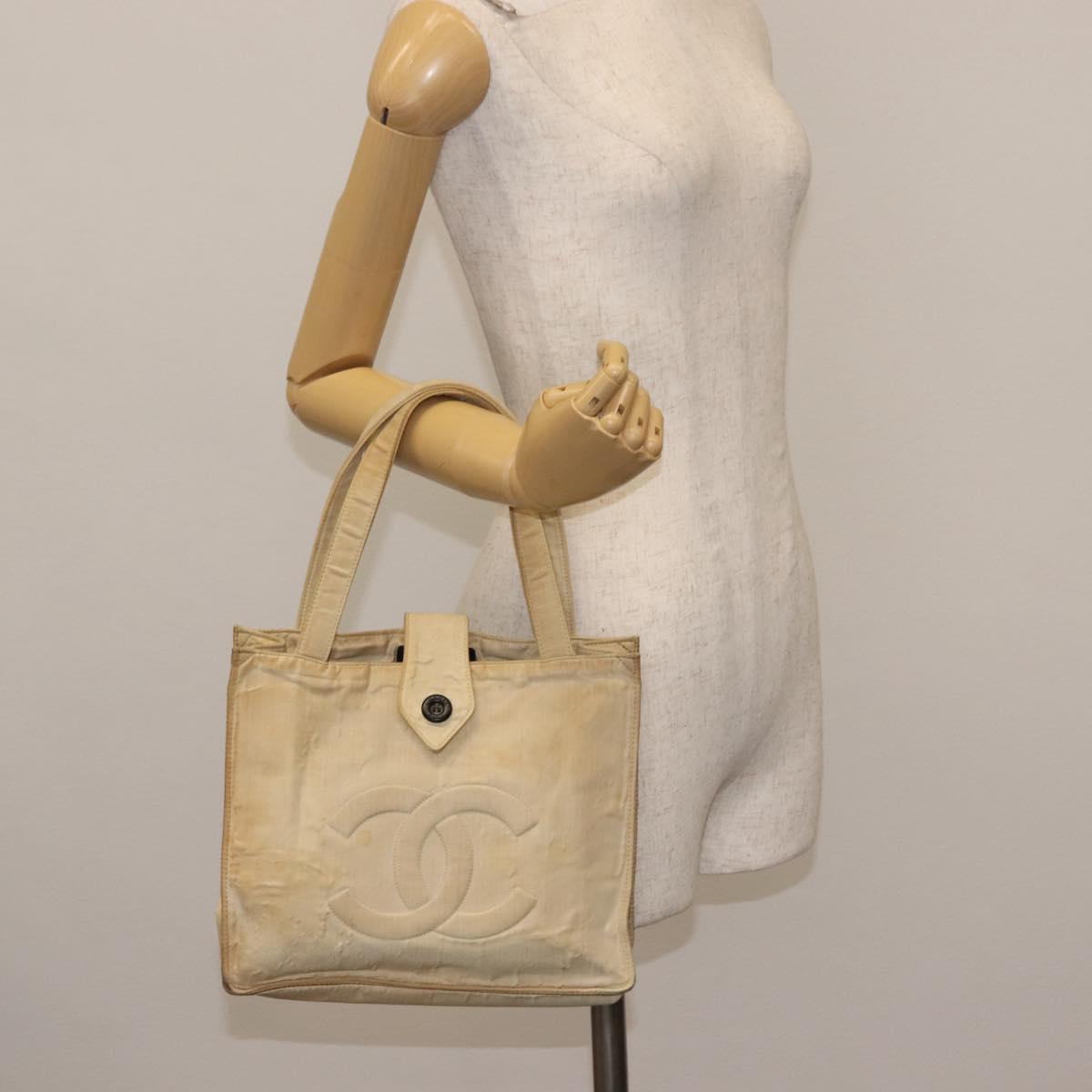 CHANEL Tote Bag Nylon Beige CC Auth BA6913
