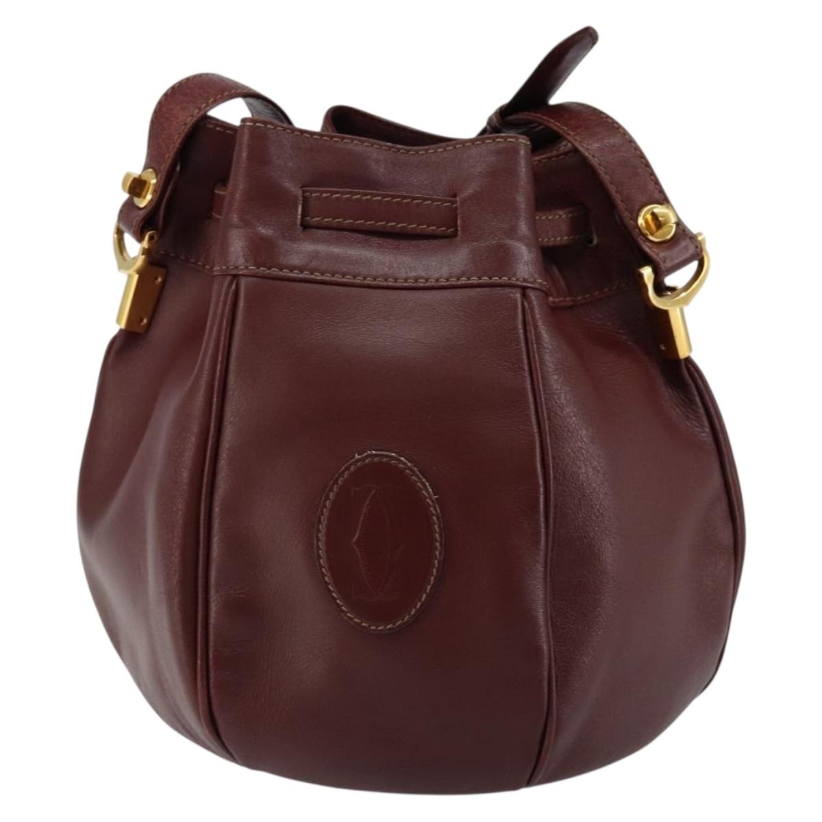 CARTIER Must Line Shoulder Bag Leather Bordeaux Gold Auth BA7014