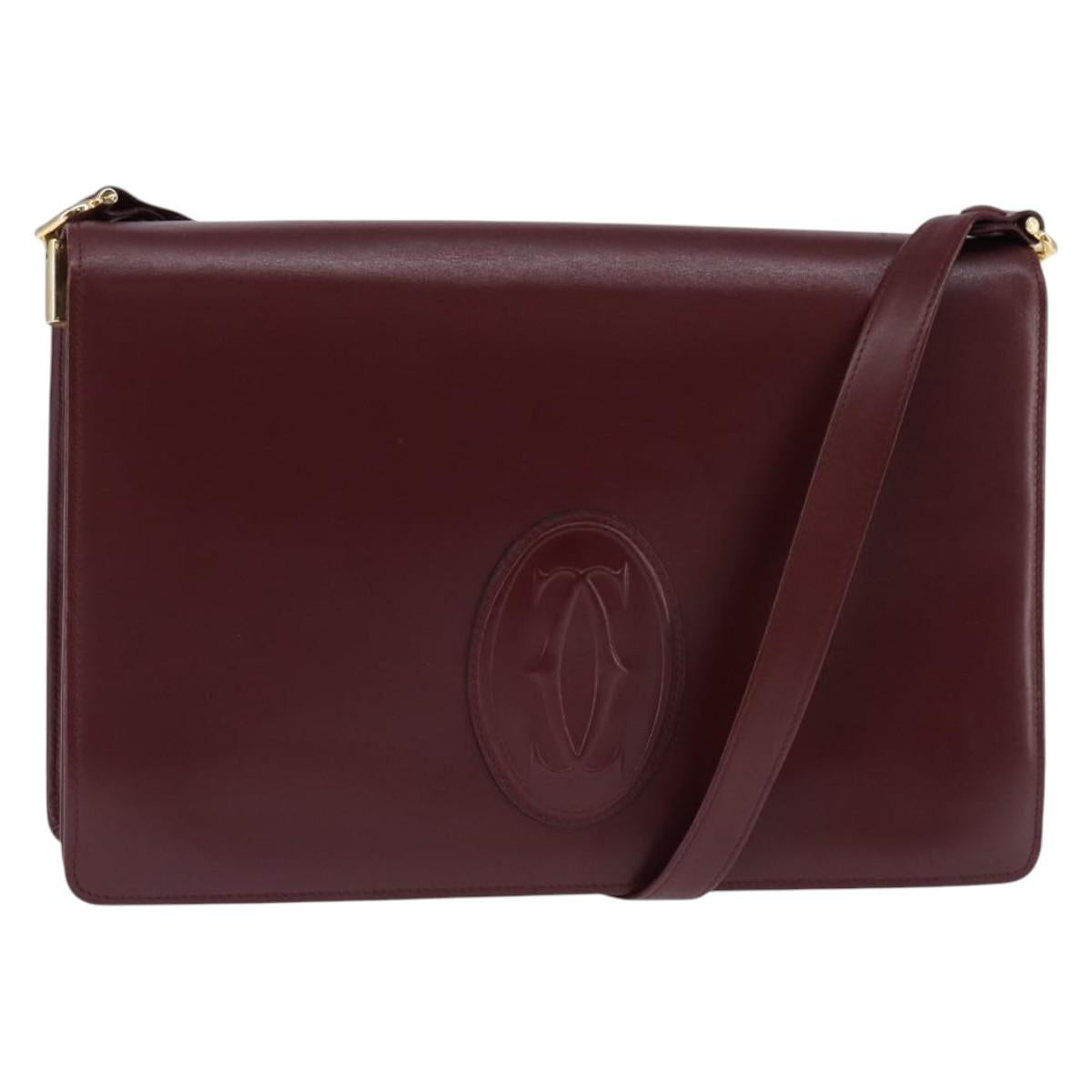 CARTIER Must Line Shoulder Bag Leather Bordeaux Gold Auth BA7015