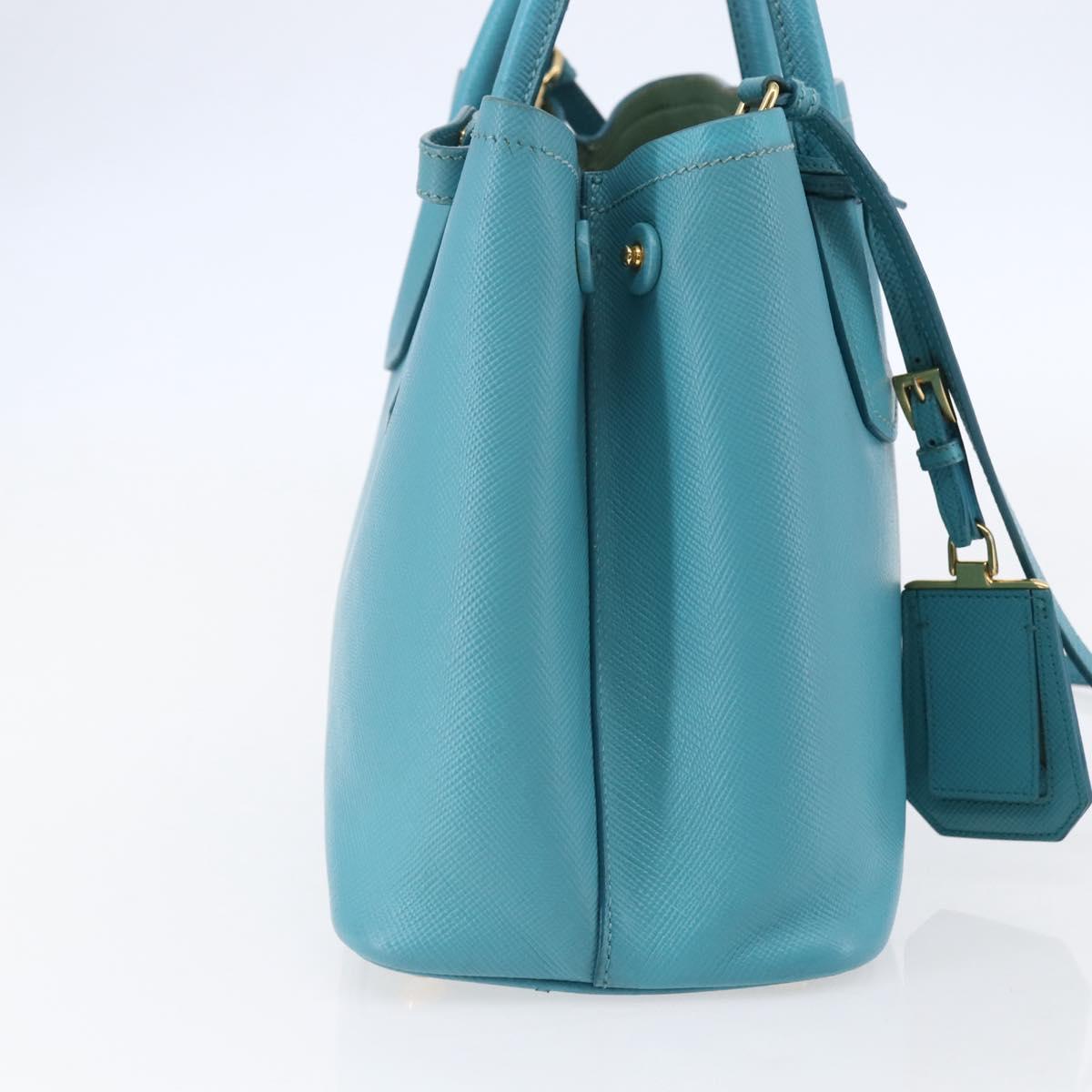 PRADA Hand Bag Leather 2way Turquoise Blue Gold Auth BA7027