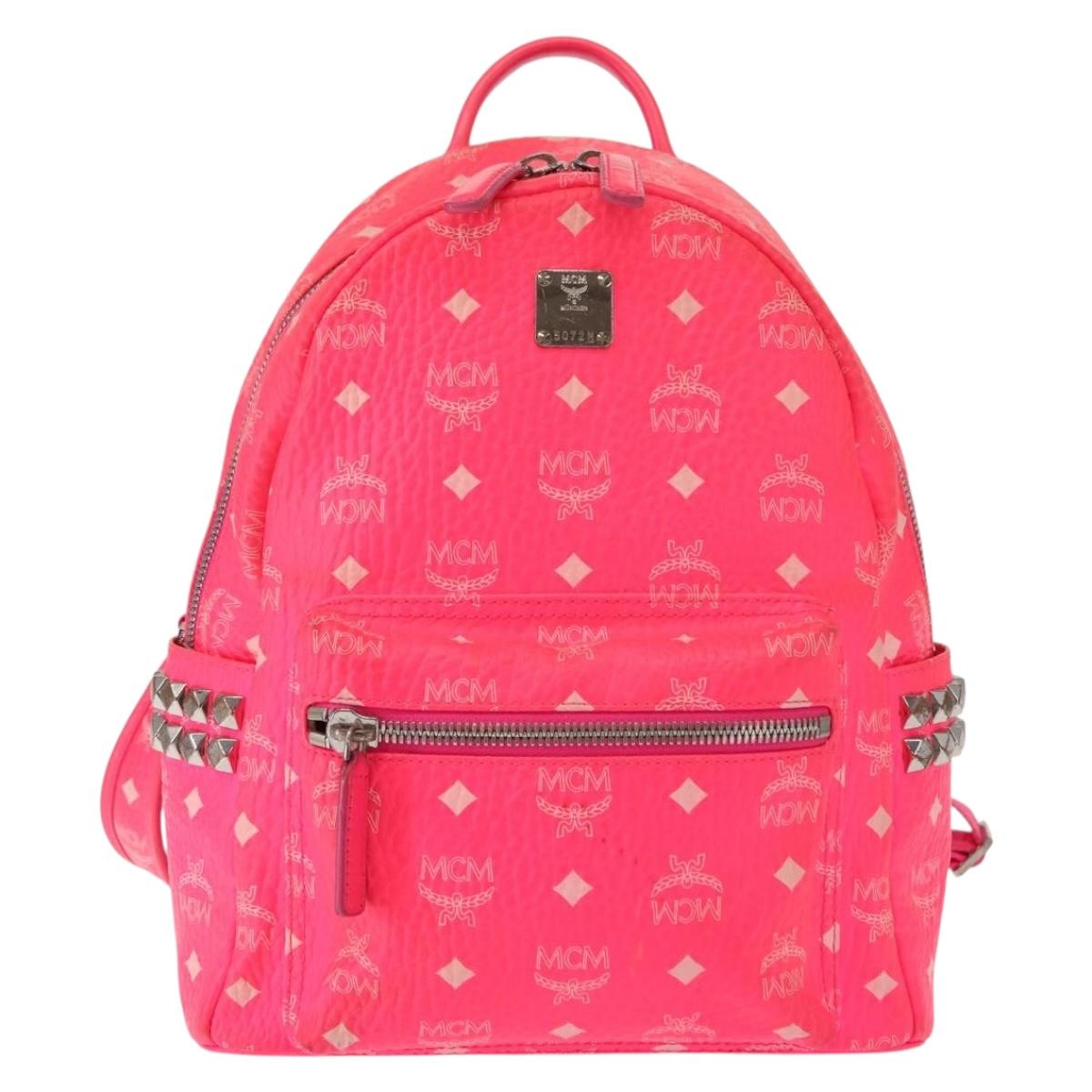 MCM Vicetos Logogram Backpack PVC Leather Pink Gold Auth BA7032