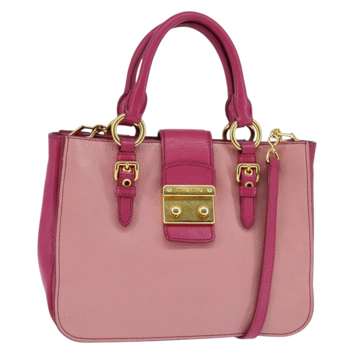 Miu Miu Madras Hand Bag Leather 2way Pink Gold Auth BA7035