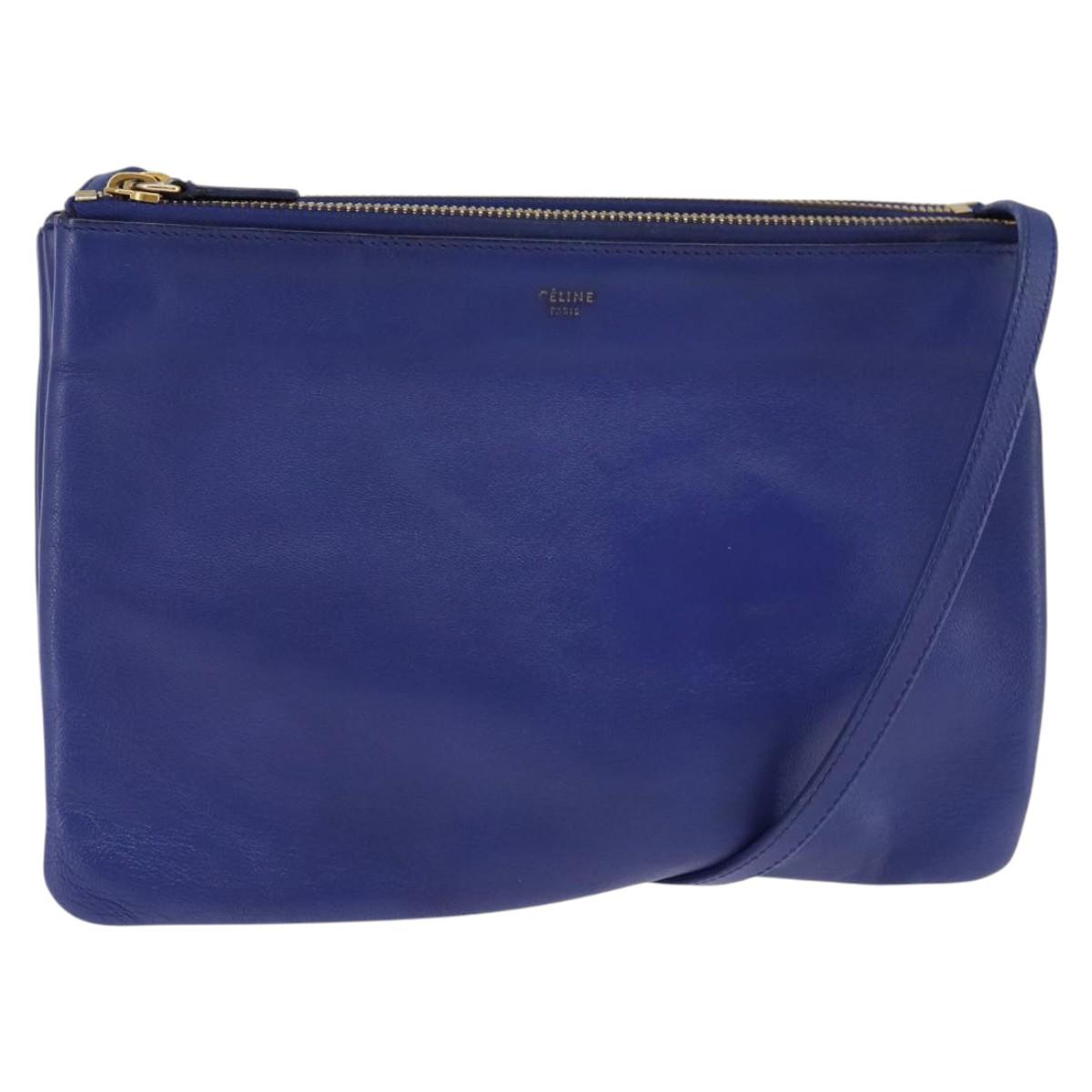 CELINE Trio large Shoulder Bag Leather Blue Gold Auth BA7048