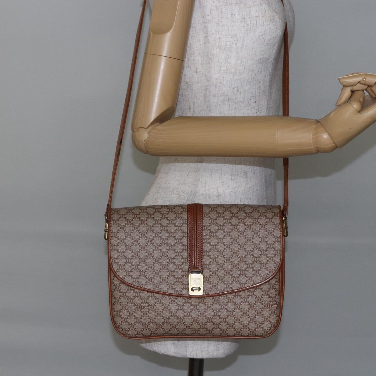 CELINE Macadam Canvas Shoulder Bag PVC Beige Gold Auth BA7051