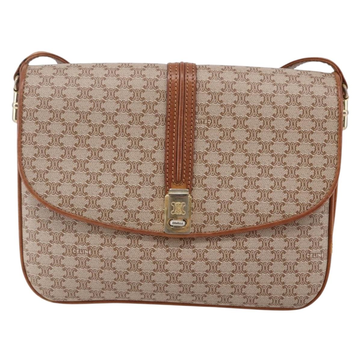 CELINE Macadam Canvas Shoulder Bag PVC Beige Gold Auth BA7051