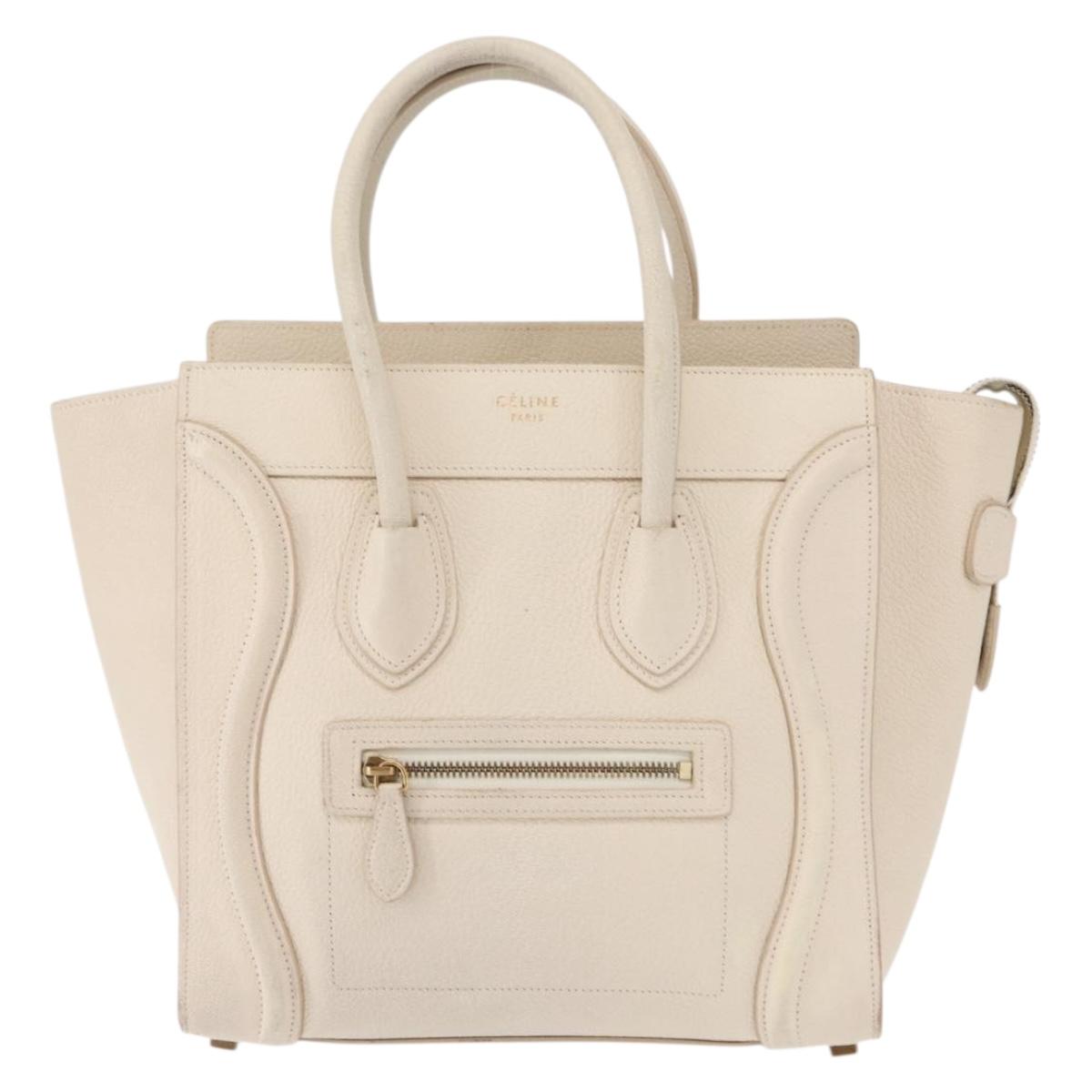 CELINE Luggage Micro Shopper Hand Bag Leather White Gold Auth BA7052