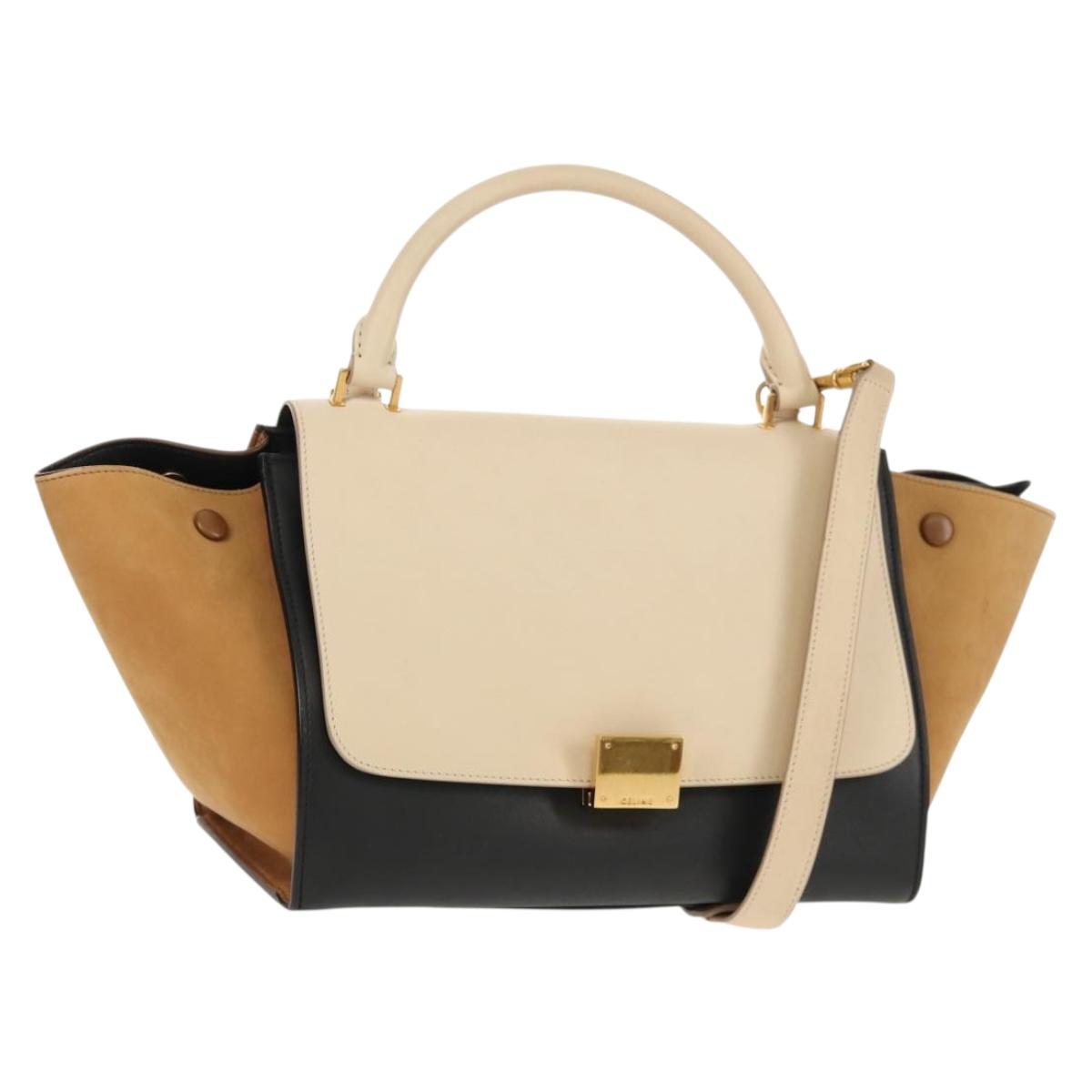 CELINE Trapeze Hand Bag Leather Suede 2way Beige Black gold Auth BA7053