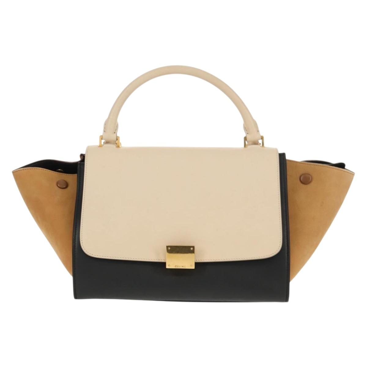 CELINE Trapeze Hand Bag Leather Suede 2way Beige Black gold Auth BA7053