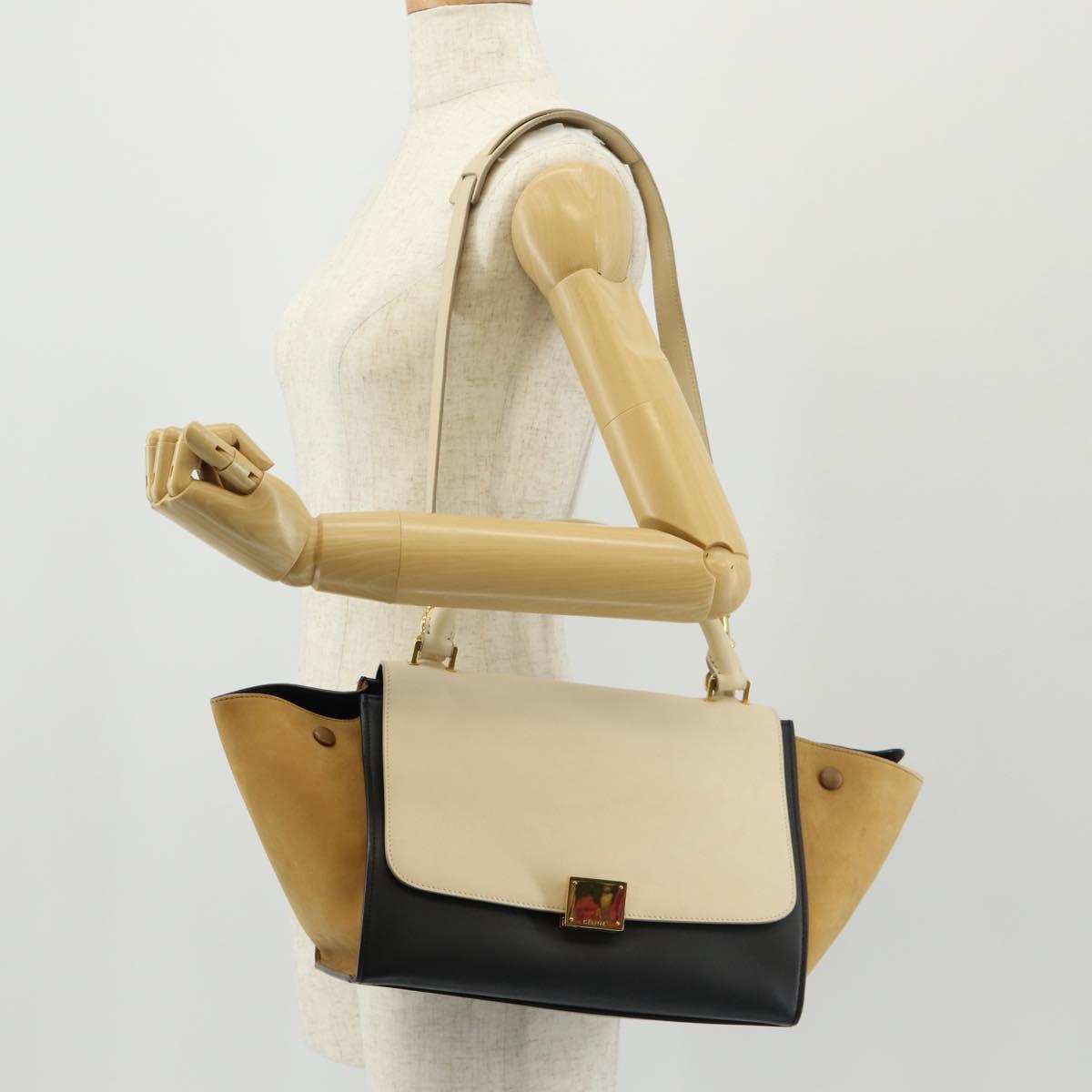 CELINE Trapeze Hand Bag Leather Suede 2way Beige Black gold Auth BA7053