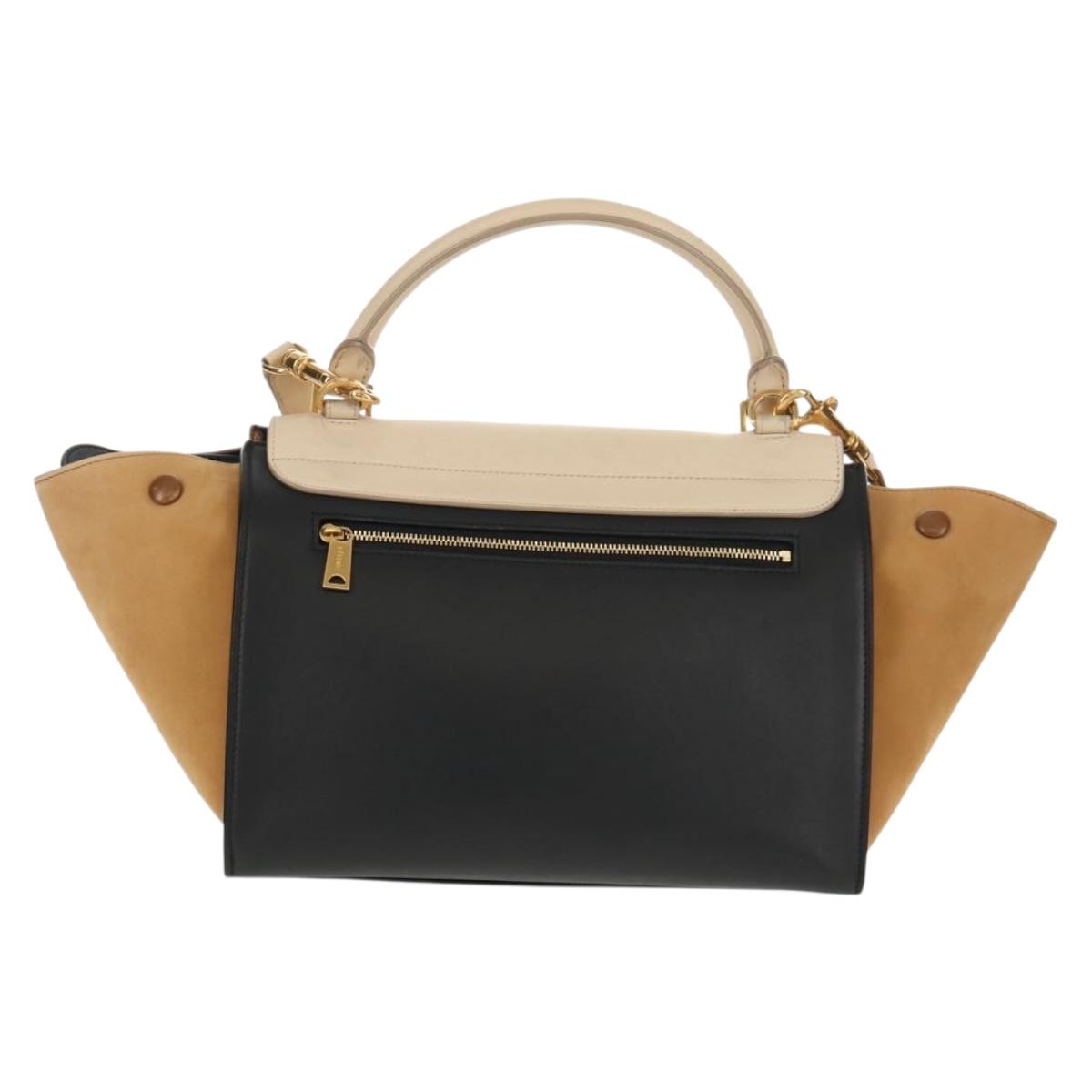 CELINE Trapeze Hand Bag Leather Suede 2way Beige Black gold Auth BA7053