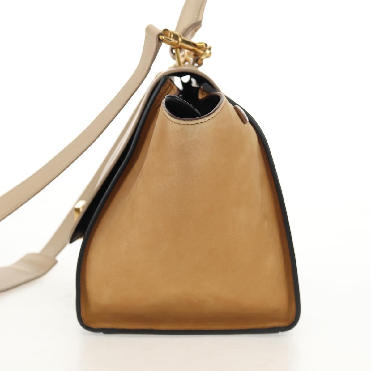 CELINE Trapeze Hand Bag Leather Suede 2way Beige Black gold Auth BA7053