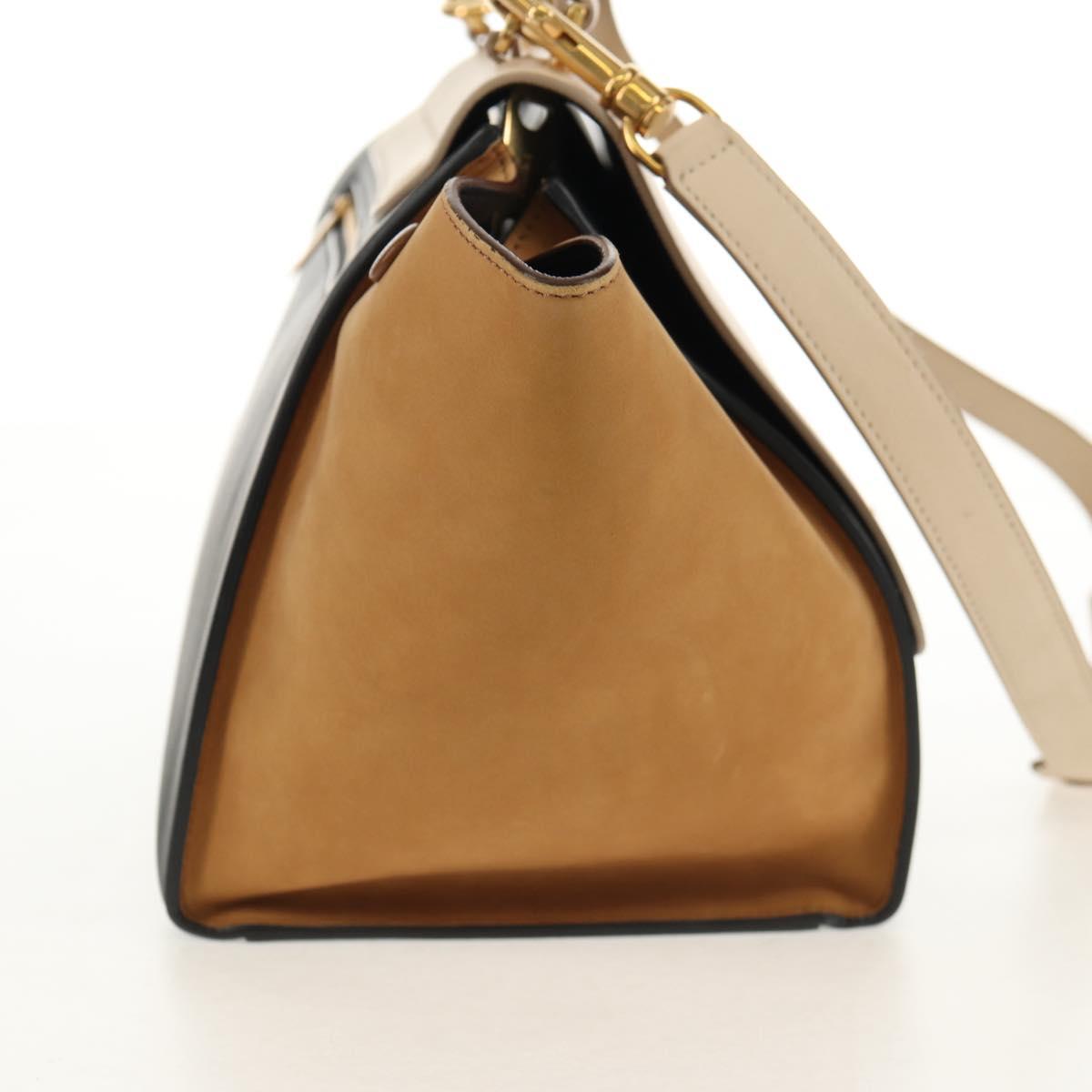 CELINE Trapeze Hand Bag Leather Suede 2way Beige Black gold Auth BA7053