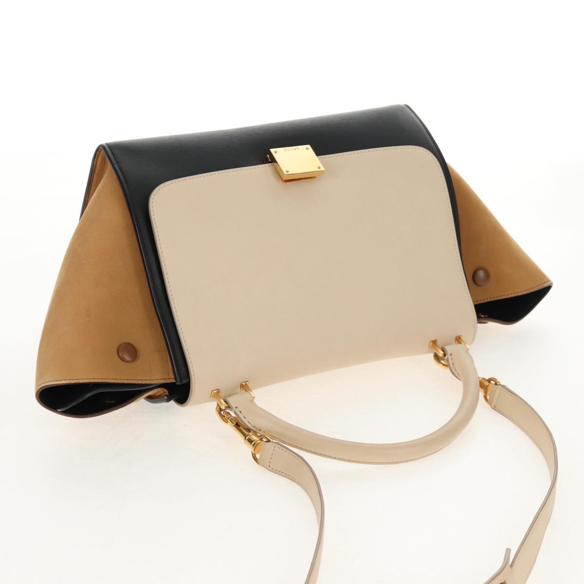 CELINE Trapeze Hand Bag Leather Suede 2way Beige Black gold Auth BA7053