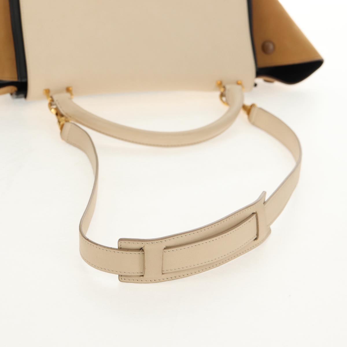 CELINE Trapeze Hand Bag Leather Suede 2way Beige Black gold Auth BA7053