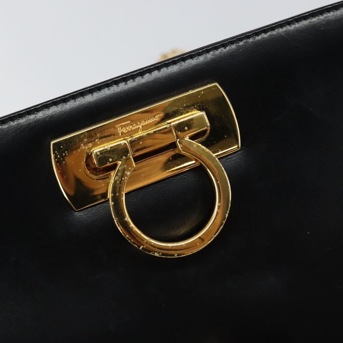 Salvatore Ferragamo Gancini Chain Shoulder Bag Leather Black Gold Auth BA7058