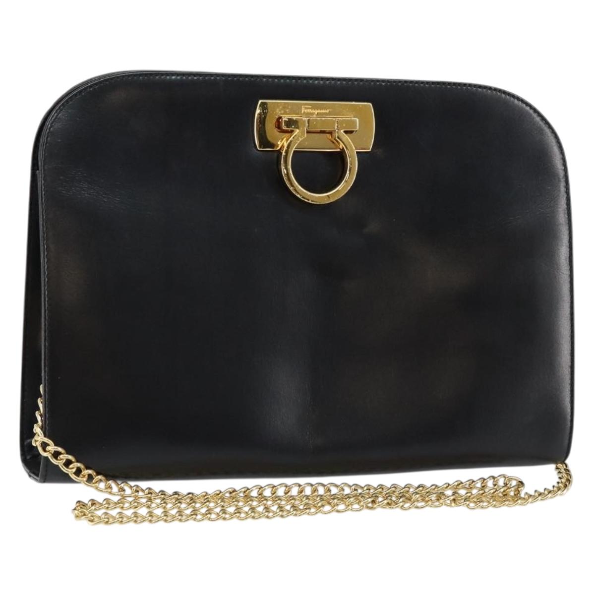 Salvatore Ferragamo Gancini Chain Shoulder Bag Leather Black Gold Auth BA7058