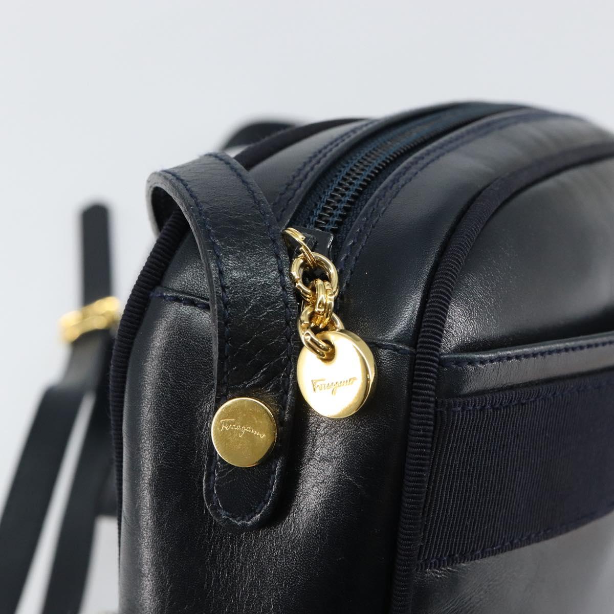 Salvatore Ferragamo Vala Shoulder Bag Leather Navy Gold Auth BA7059