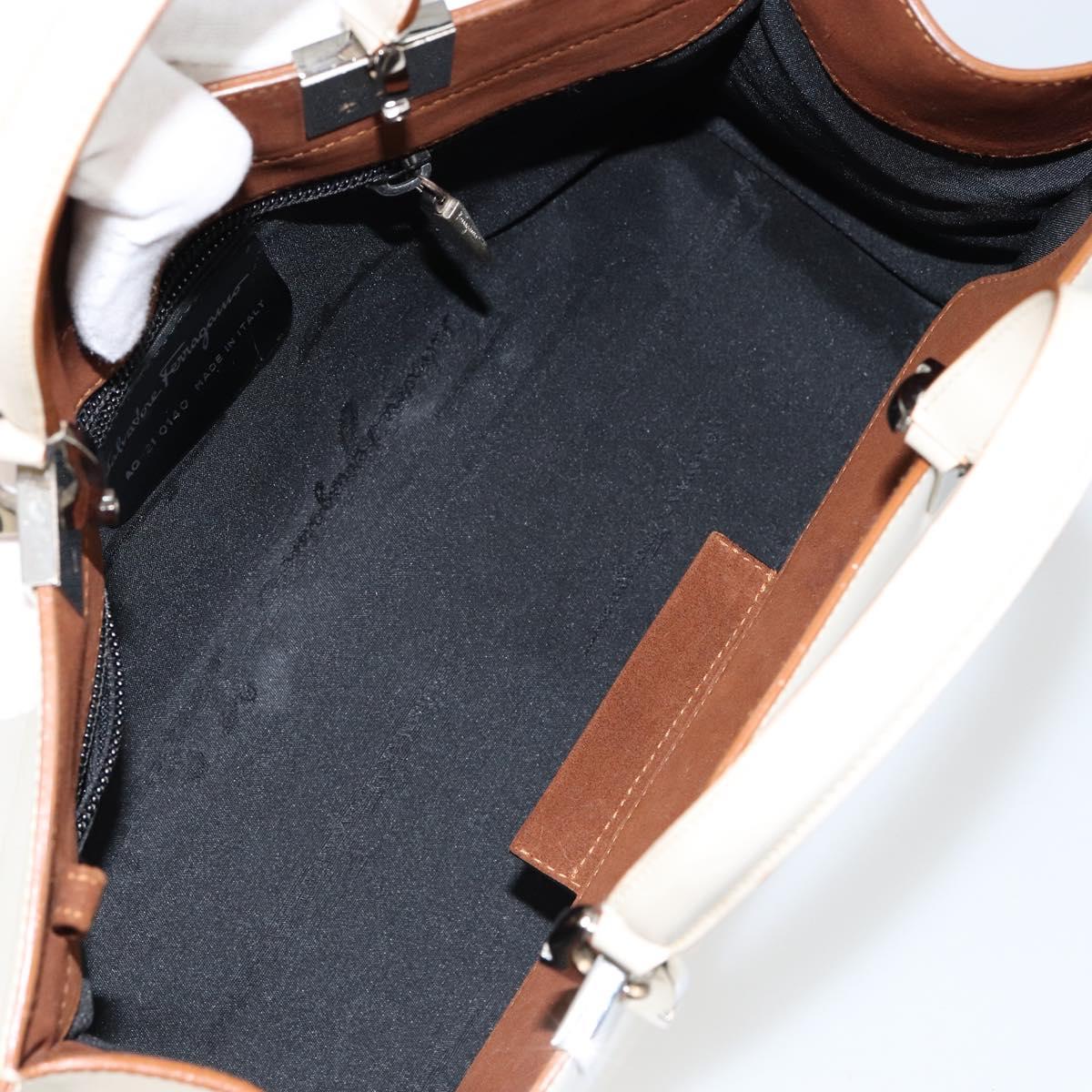 Salvatore Ferragamo Gancini Hand Bag Leather White Silver Auth BA7061