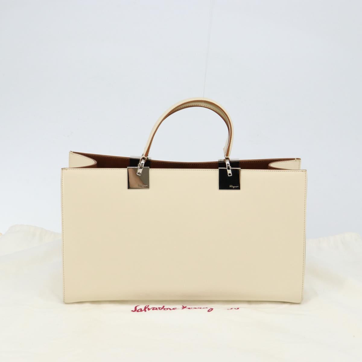 Salvatore Ferragamo Gancini Hand Bag Leather White Silver Auth BA7061