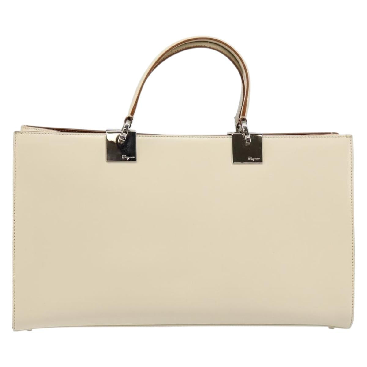 Salvatore Ferragamo Gancini Hand Bag Leather White Silver Auth BA7061