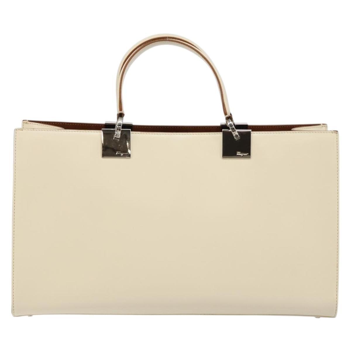 Salvatore Ferragamo Gancini Hand Bag Leather White Silver Auth BA7061