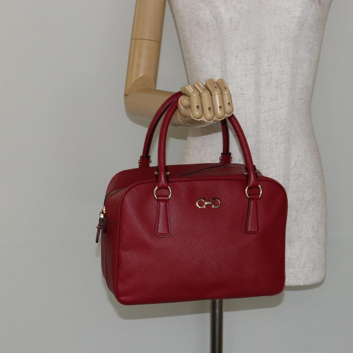 Salvatore Ferragamo Gancini Hand Bag Leather Red Gold Auth BA7062