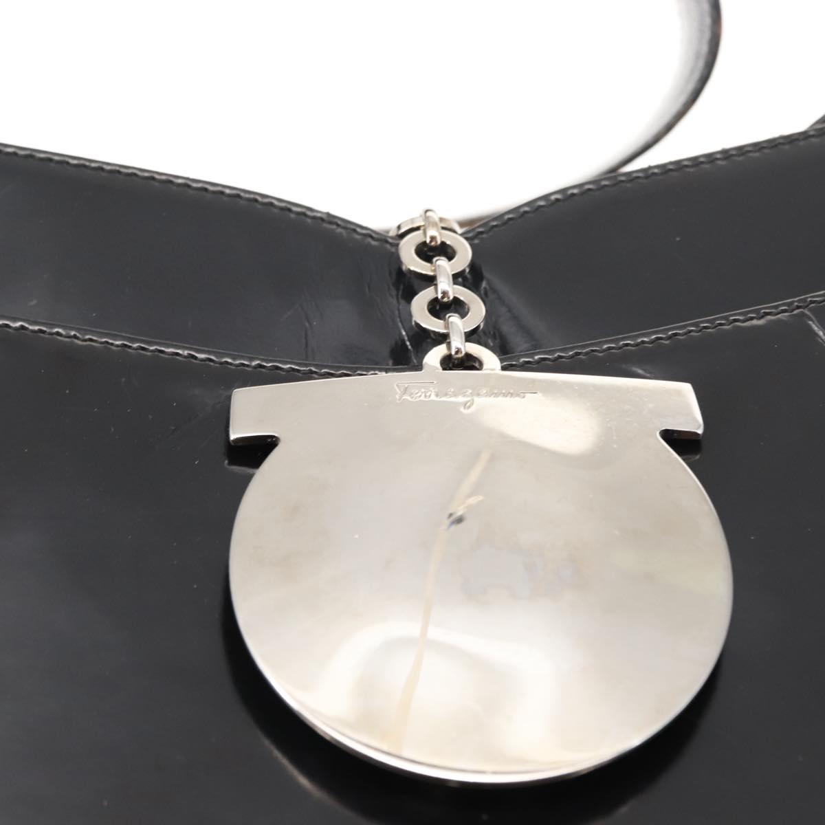 Salvatore Ferragamo Gancini Shoulder Bag Enamel Black Silver Auth BA7067