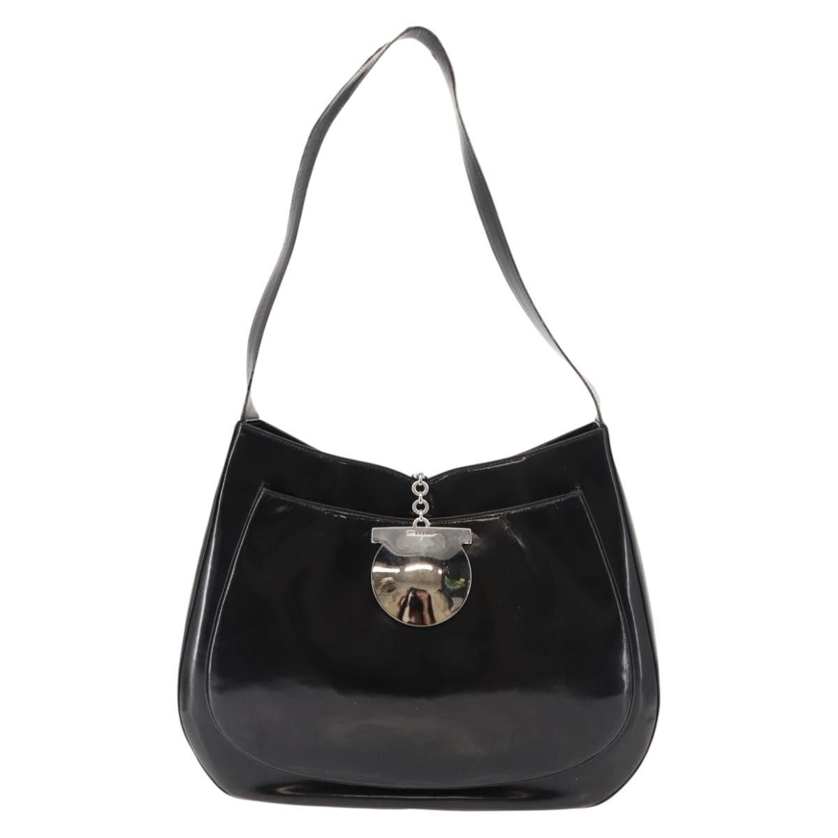 Salvatore Ferragamo Gancini Shoulder Bag Enamel Black Silver Auth BA7067