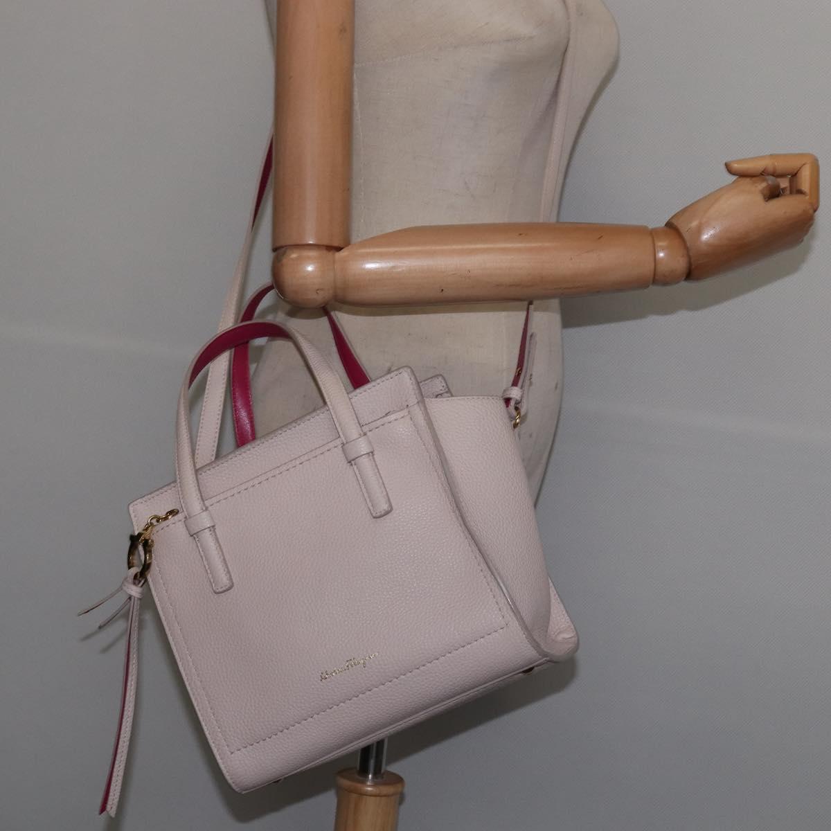 Salvatore Ferragamo Gancini Hand Bag Leather 2way Beige Gold Auth BA7068