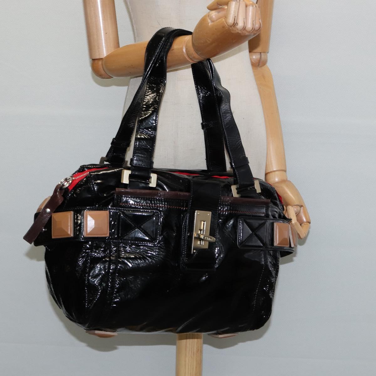 Chloe Audra Tote Bag Enamel Black Gold Auth BA7069