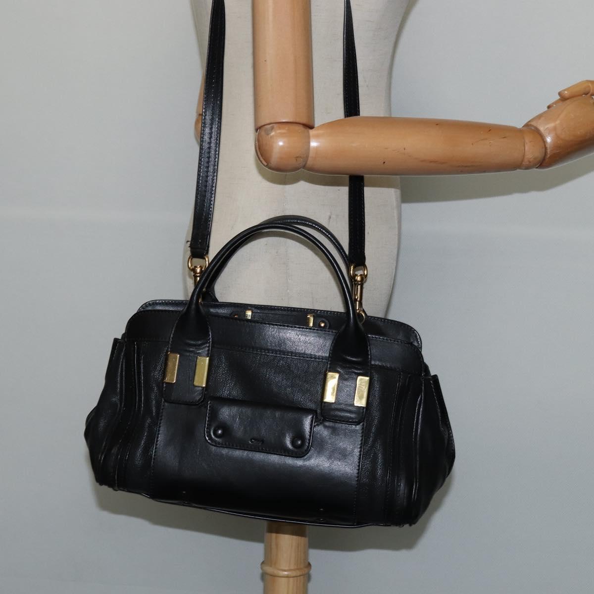 Chloe Alice Hand Bag Leather 2way Black Gold Auth BA7070
