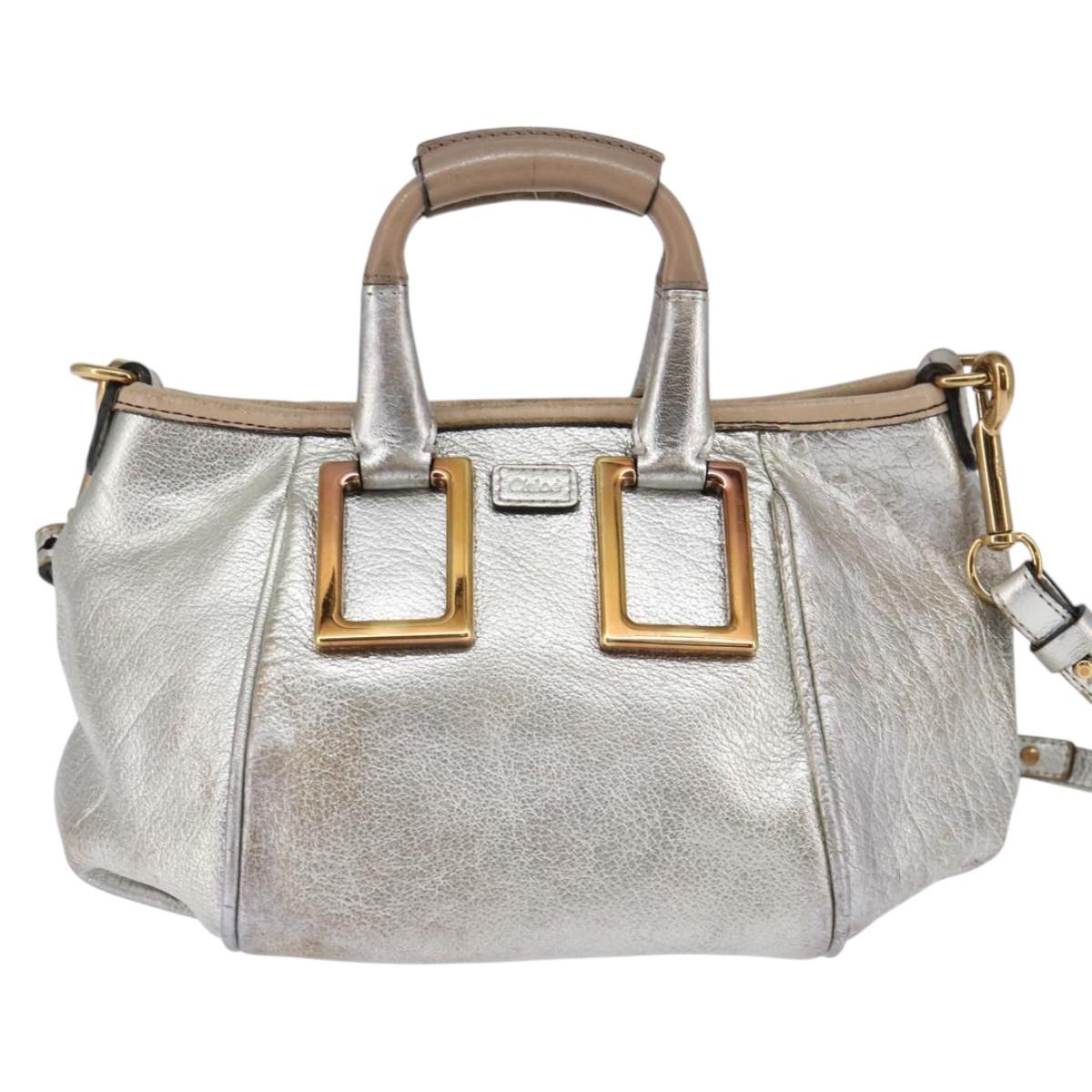 Chloe Etel Hand Bag Leather 2way Silver Gold Auth BA7071