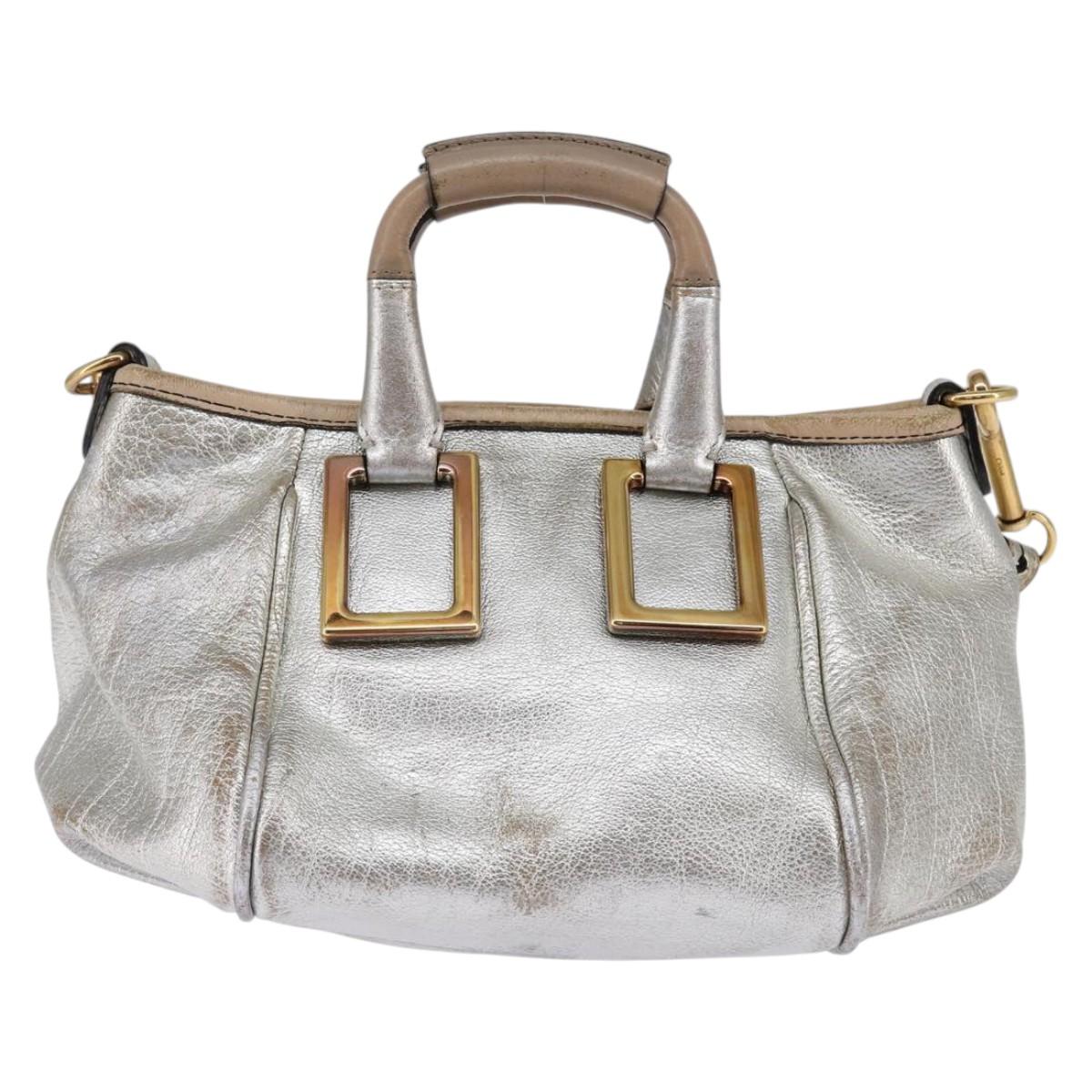Chloe Etel Hand Bag Leather 2way Silver Gold Auth BA7071