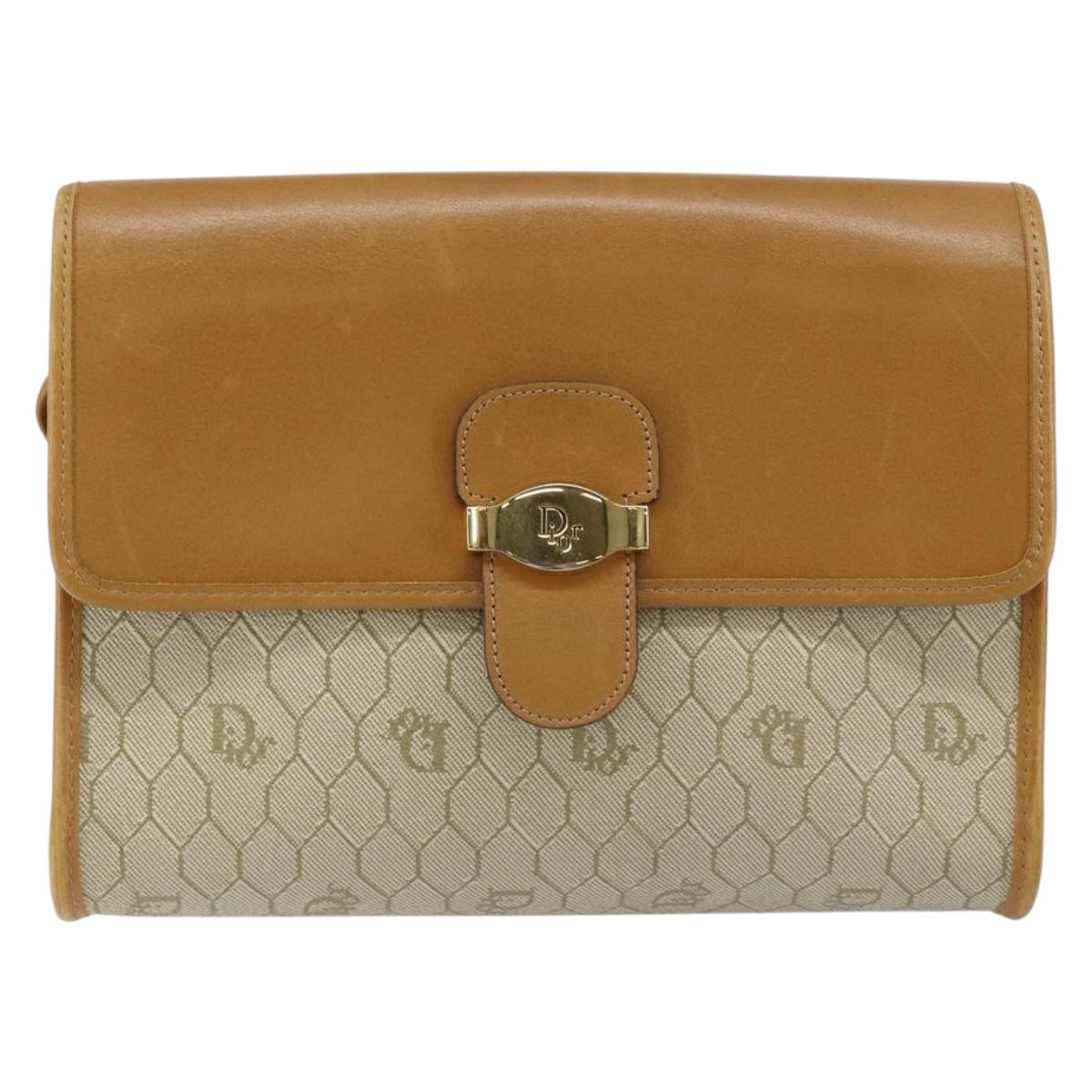 Christian Dior Honeycomb Canvas Shoulder Bag PVC Leather Beige Gold Auth BA7080