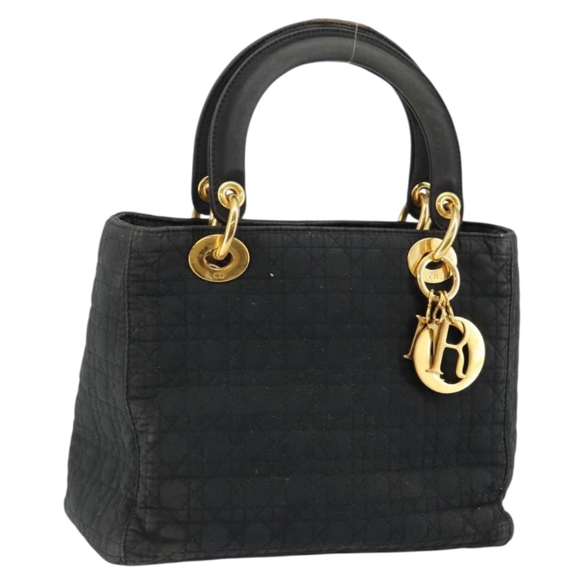 Christian Dior Lady Dior Canage Hand Bag Nylon Black Gold Auth BA7086