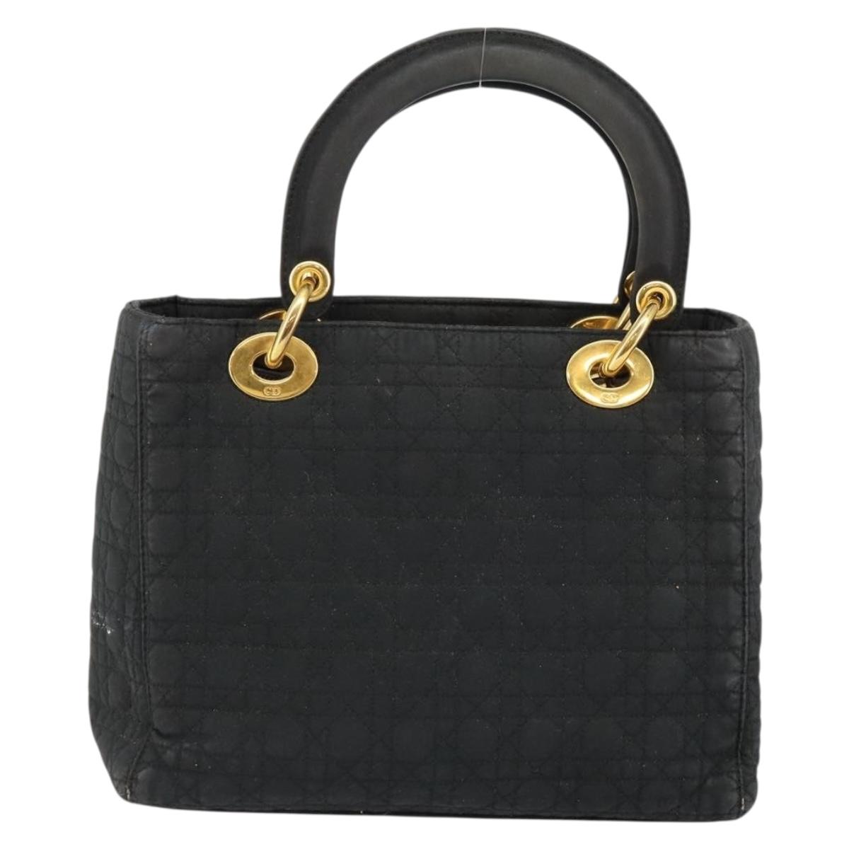 Christian Dior Lady Dior Canage Hand Bag Nylon Black Gold Auth BA7086