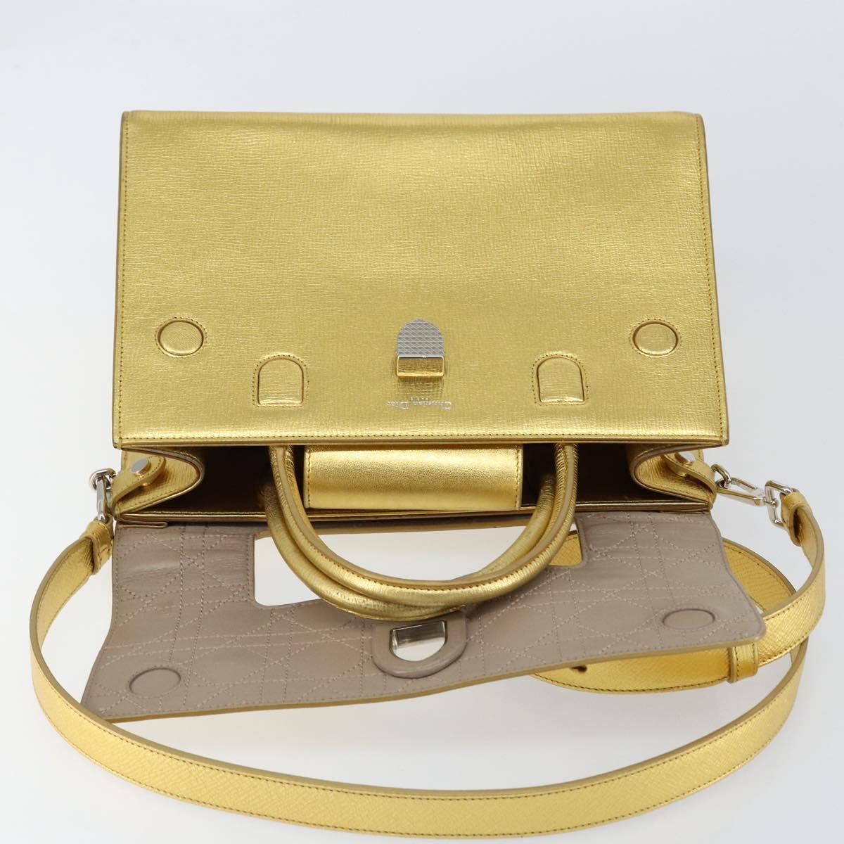 Christian Dior Hand Bag Leather 2way Gold Silver Auth BA7088