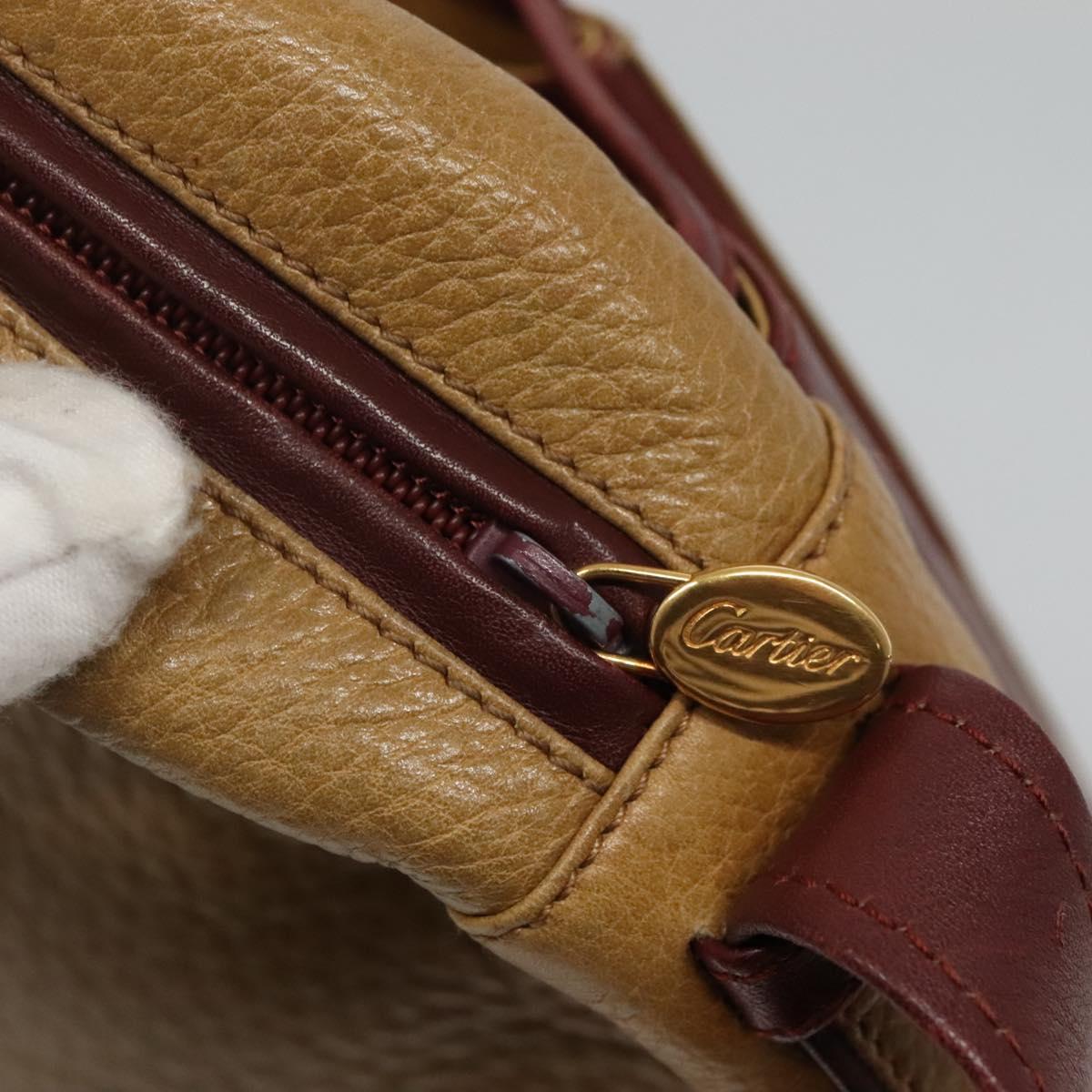CARTIER Must Line Shoulder Bag Leather Beige Wine Red Auth BA709