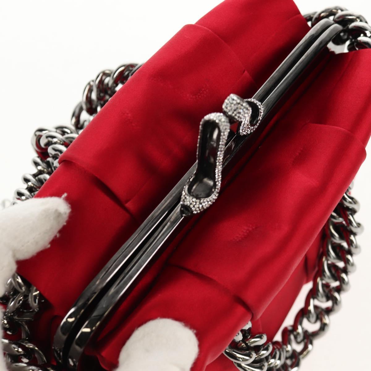 Christian Louboutin Chain Hand Bag Satin Red Silver Auth BA7098V